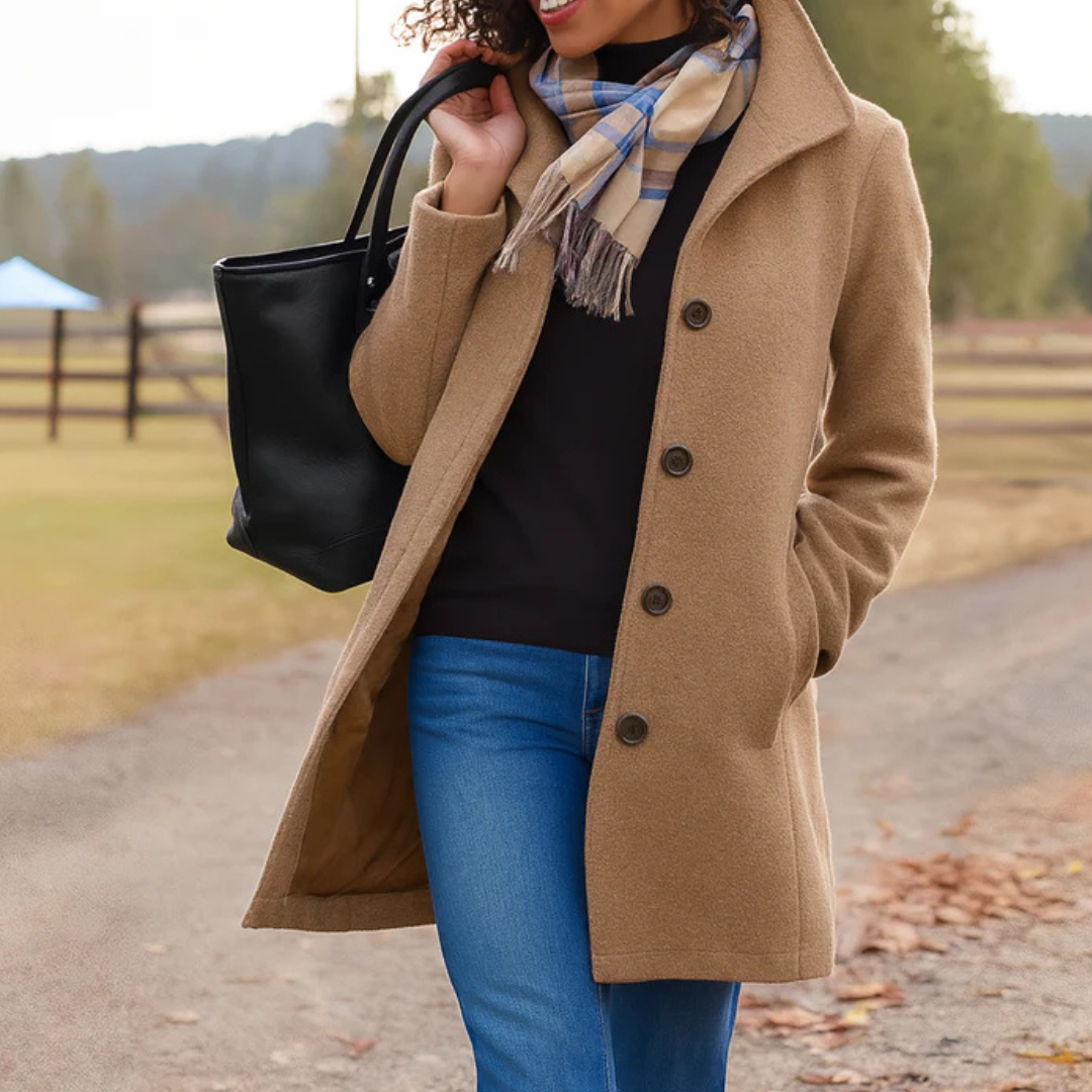 Elegant Mid Length Wool Coat with High Collar