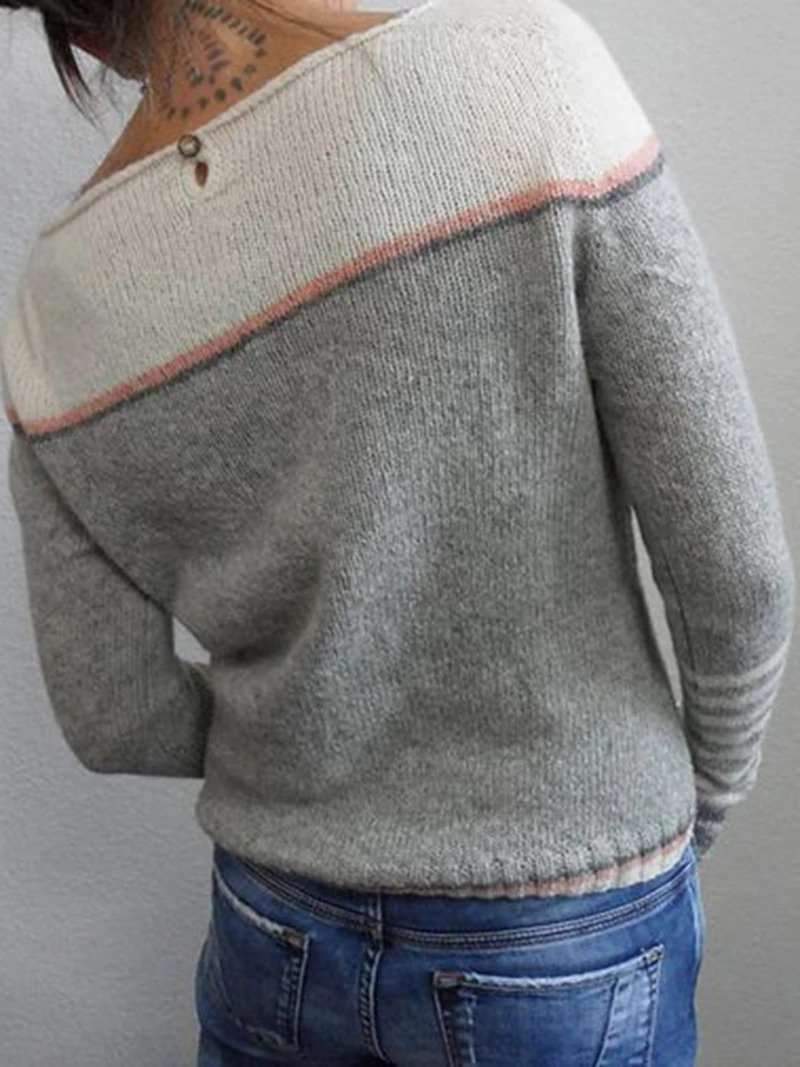 Fine Knit Sweater with Contrast Shoulder Panel and Striped Cuffs
