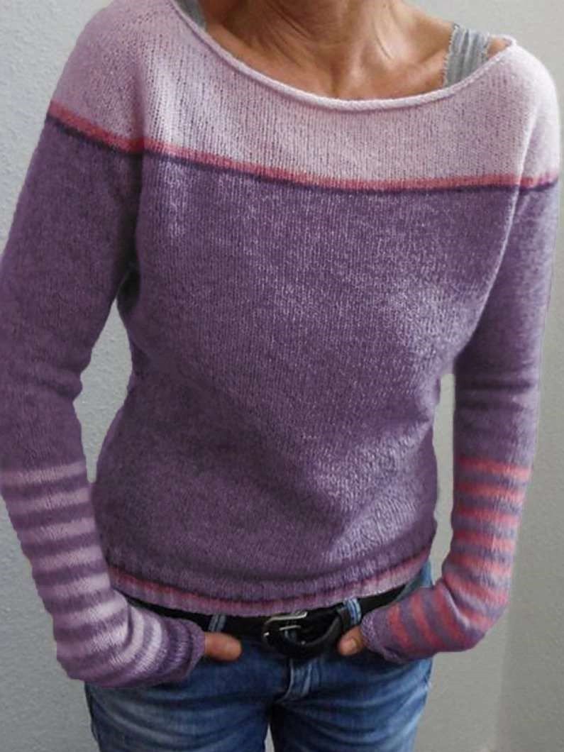 Fine Knit Sweater with Contrast Shoulder Panel and Striped Cuffs