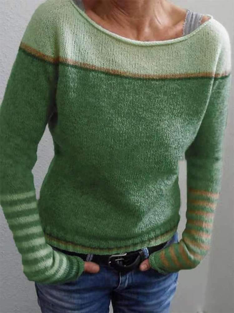 Fine Knit Sweater with Contrast Shoulder Panel and Striped Cuffs