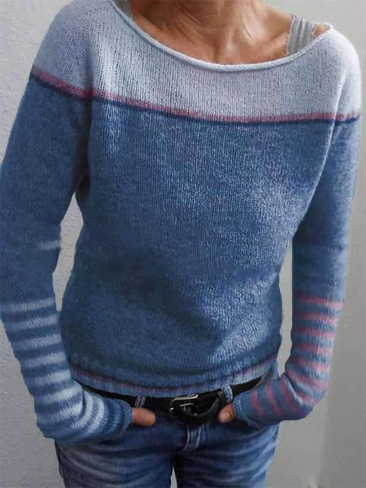 Fine Knit Sweater with Contrast Shoulder Panel and Striped Cuffs