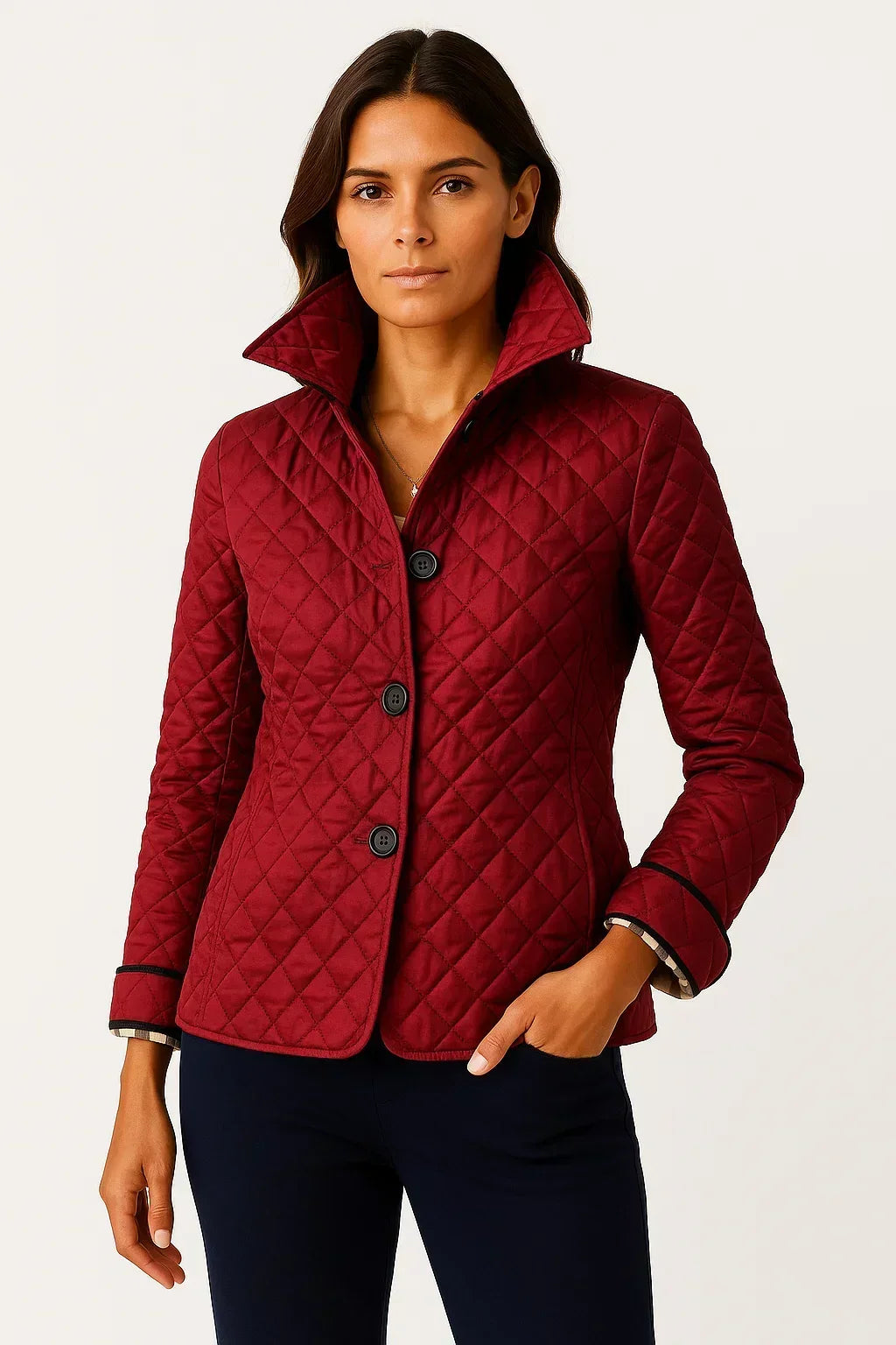 Fitted Diamond Quilted Jacket with Check Lining Detail