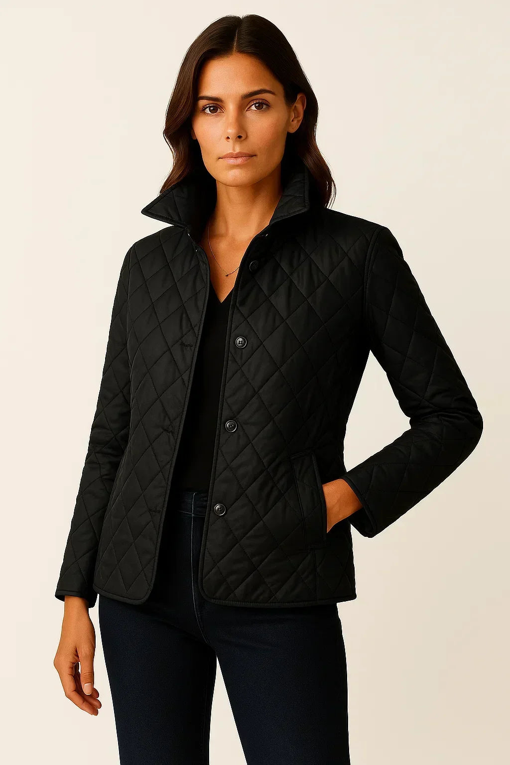 Fitted Diamond Quilted Jacket with Check Lining Detail