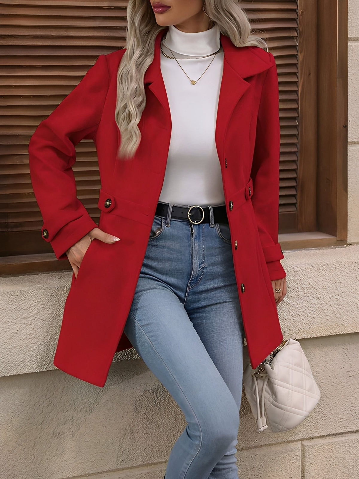 Fitted Double Breasted Trench Coat with Gold Button Detail
