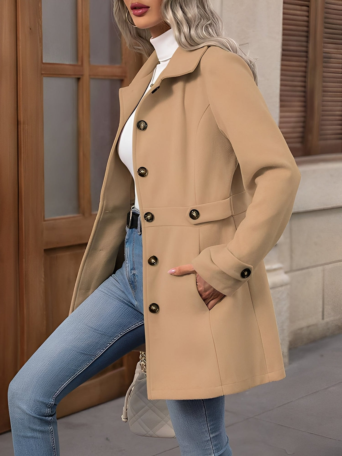 Fitted Double Breasted Trench Coat with Gold Button Detail