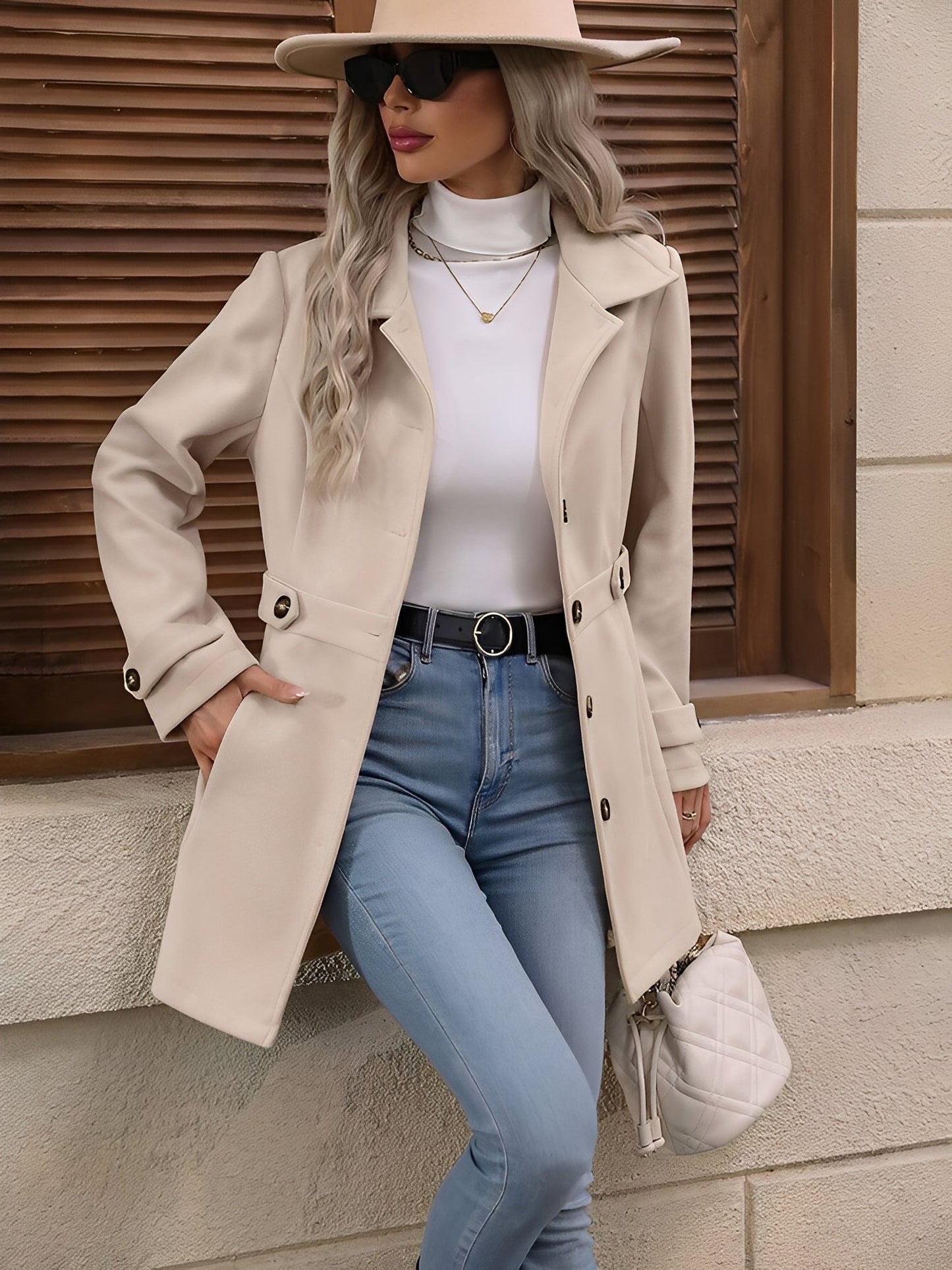 Fitted Double Breasted Trench Coat with Gold Button Detail