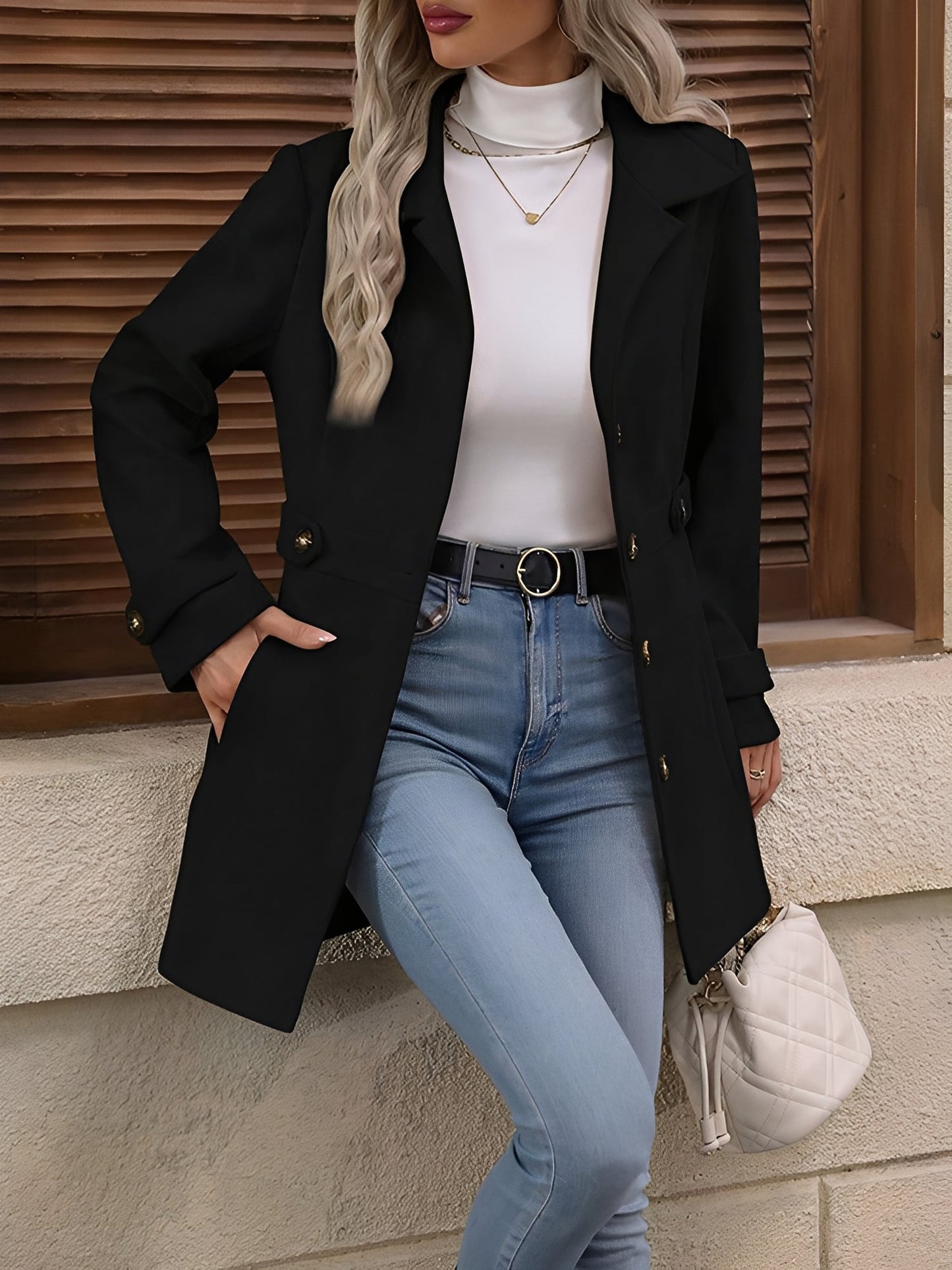 Fitted Double Breasted Trench Coat with Gold Button Detail