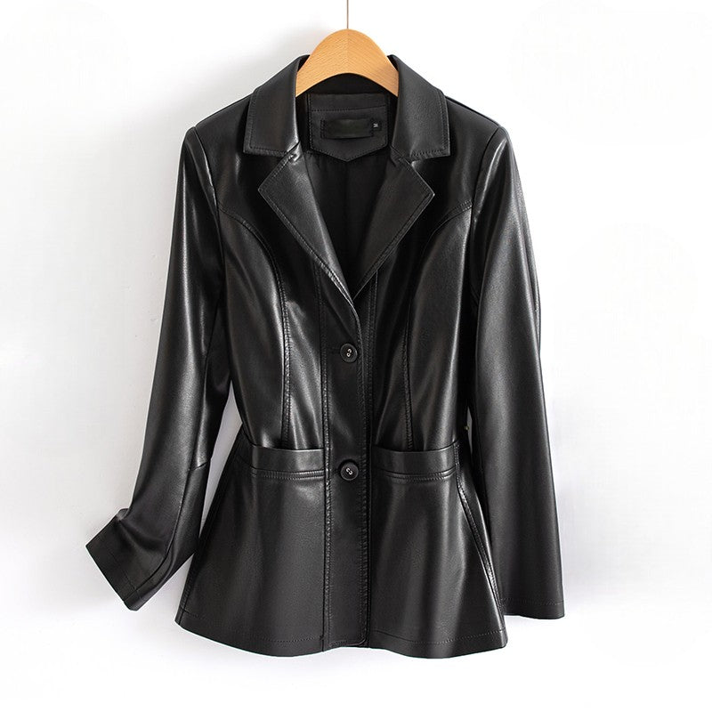 Fitted Leather Jacket with Waist Detail and Patch Pockets