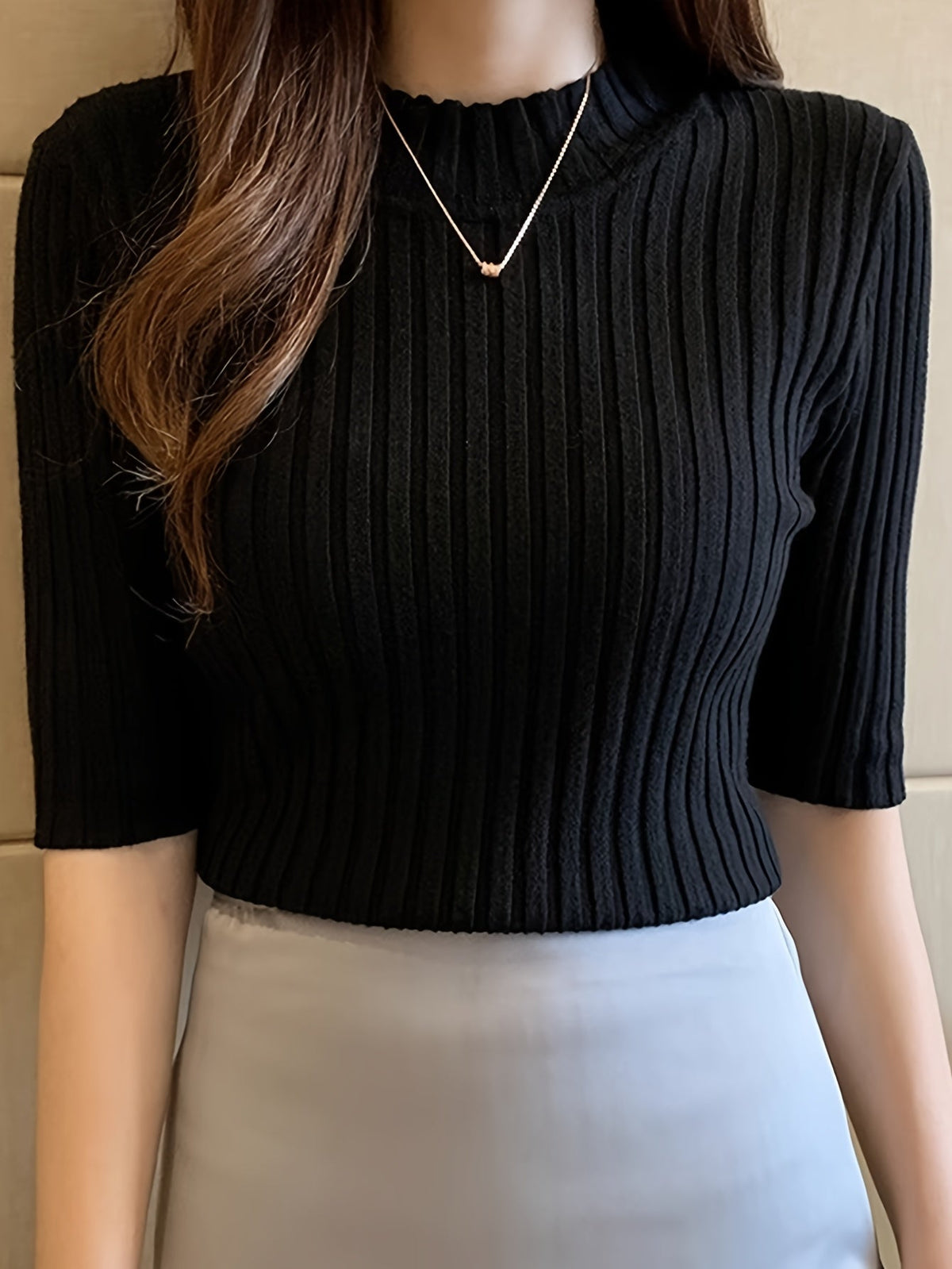 Fitted Ribbed Knit Top with Mock Neck and Short Sleeves