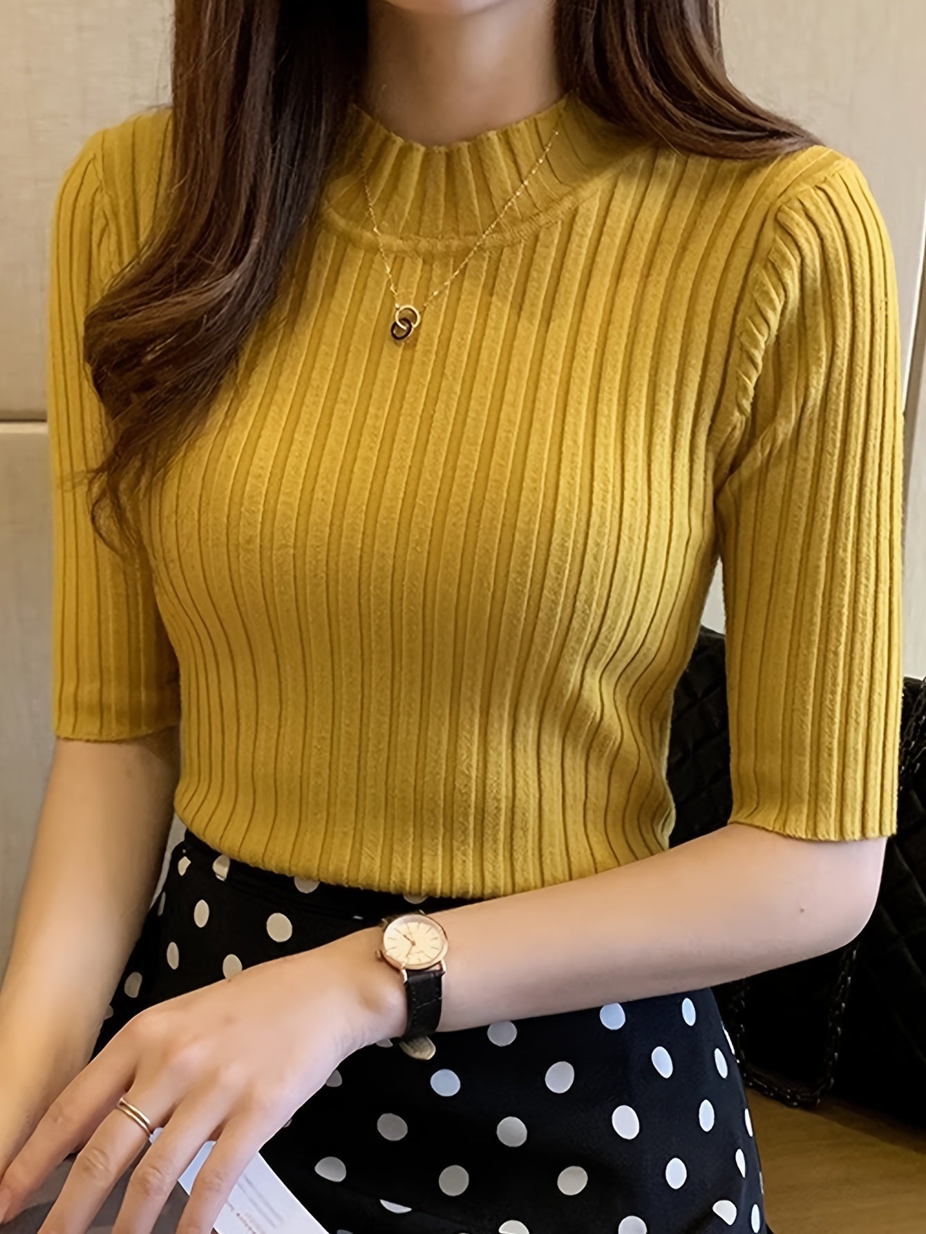 Fitted Ribbed Knit Top with Mock Neck and Short Sleeves