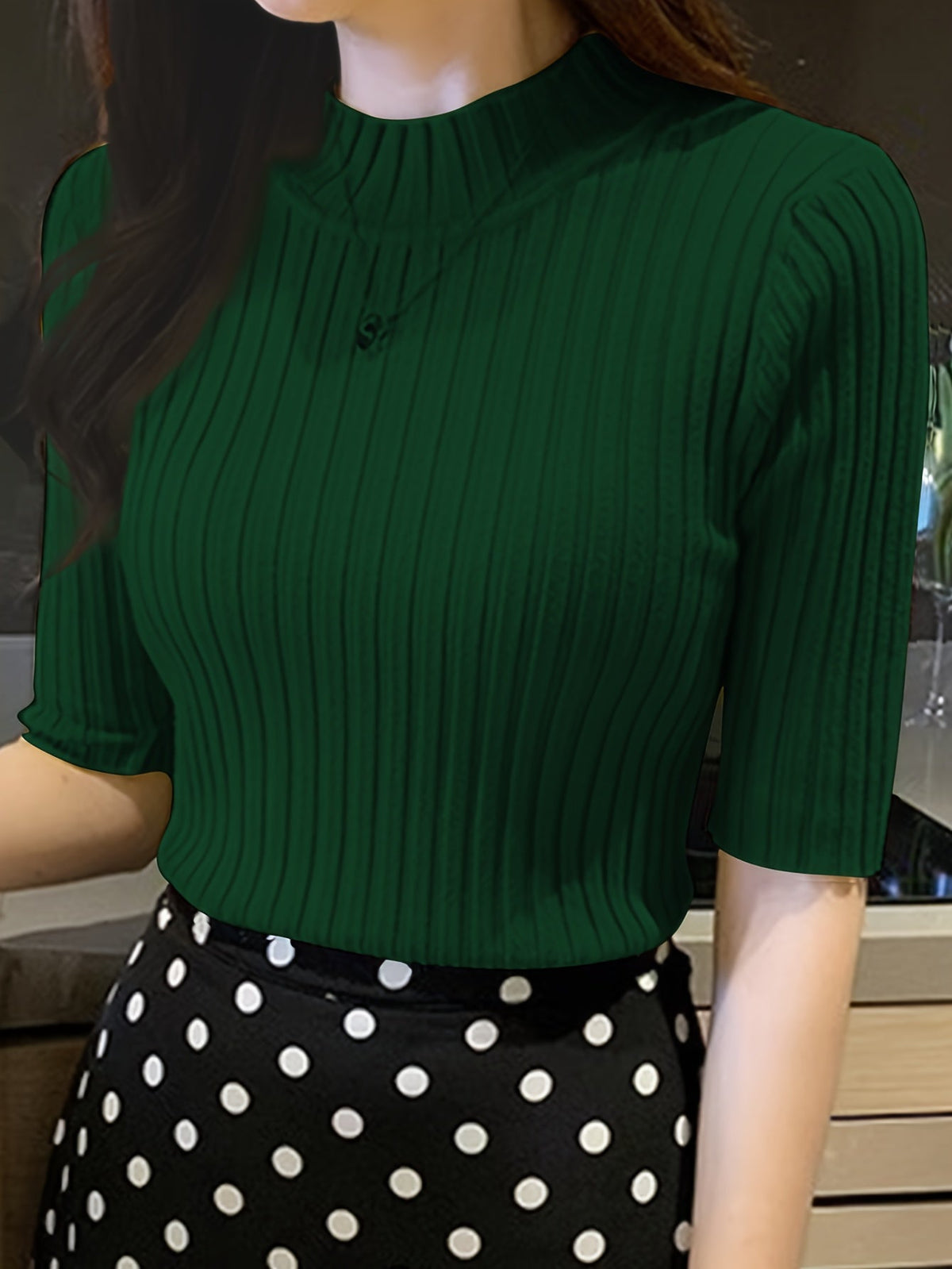 Fitted Ribbed Knit Top with Mock Neck and Short Sleeves