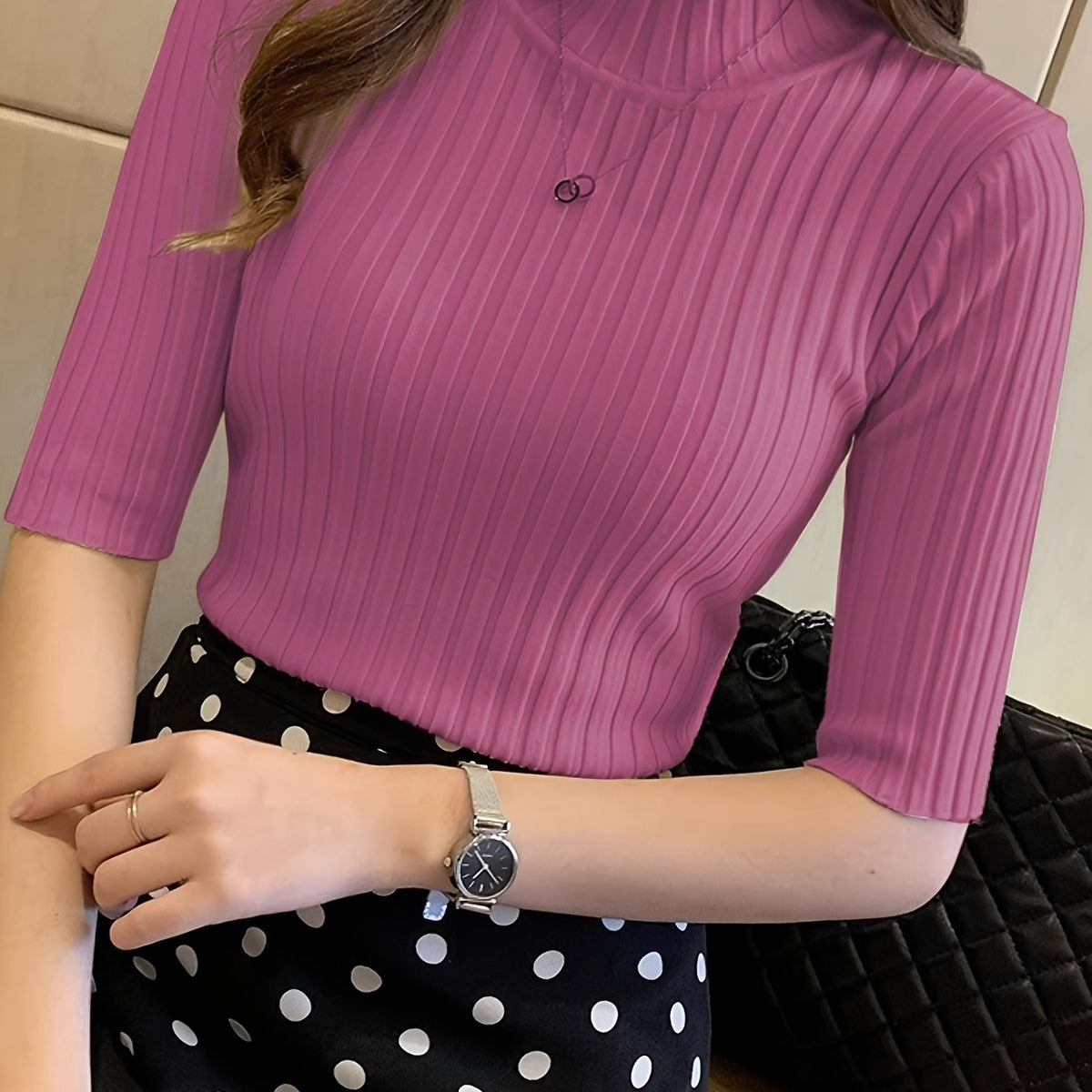 Fitted Ribbed Knit Top with Mock Neck and Short Sleeves