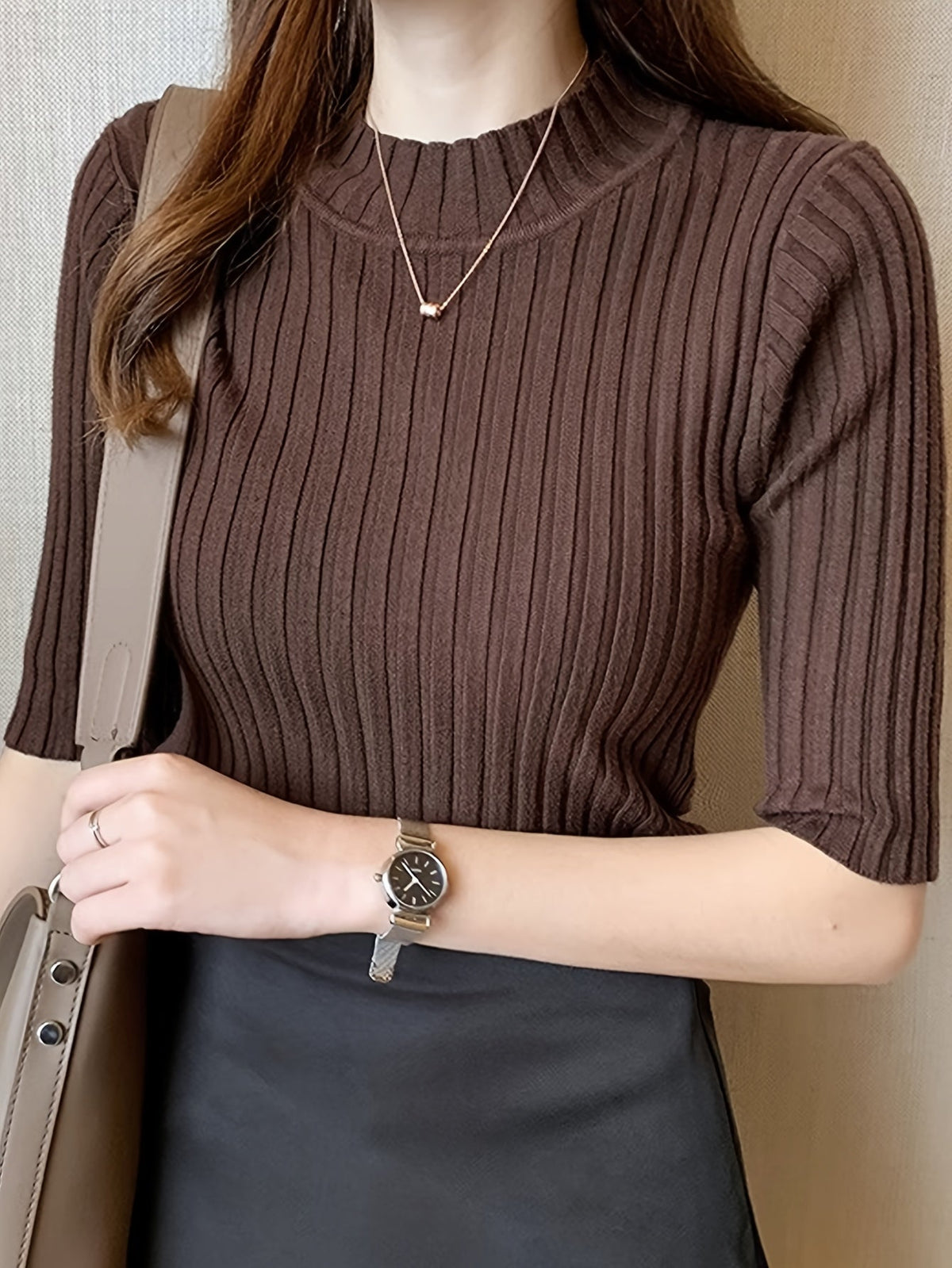 Fitted Ribbed Knit Top with Mock Neck and Short Sleeves