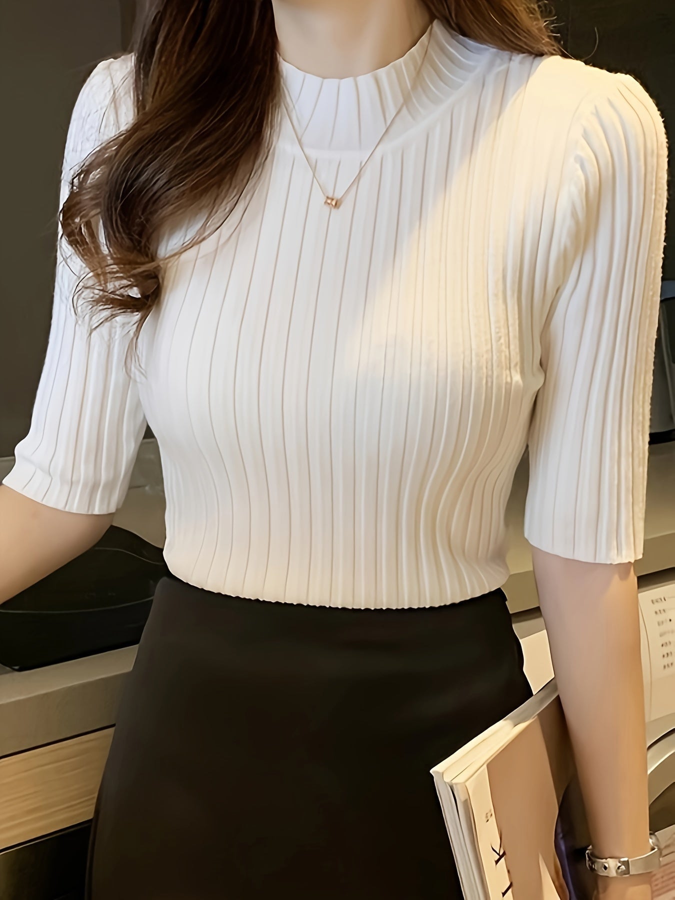 Fitted Ribbed Knit Top with Mock Neck and Short Sleeves