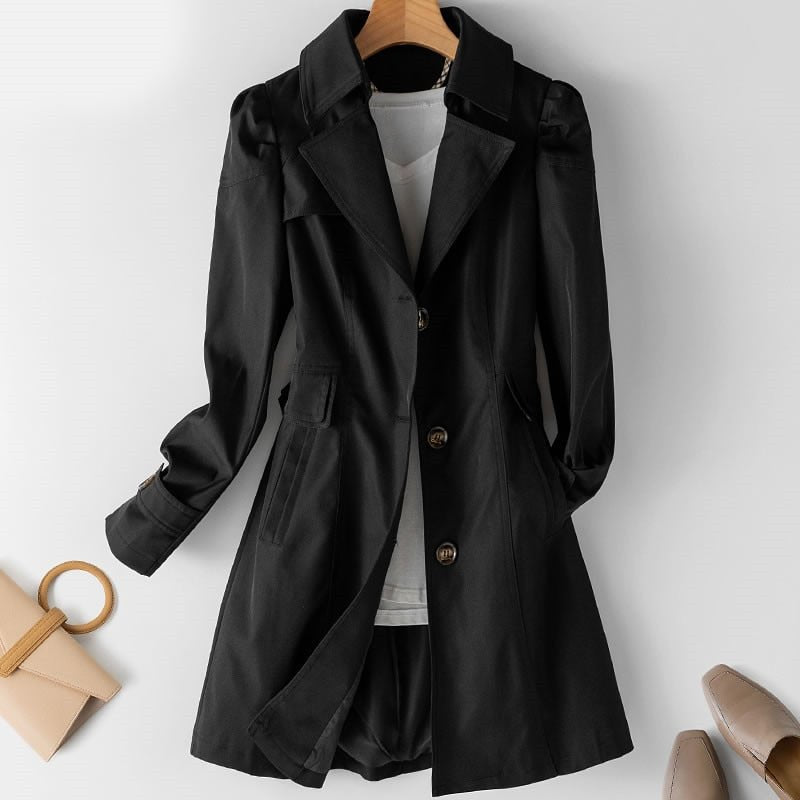 Fitted Single Breasted Trench Coat with Puff Shoulders