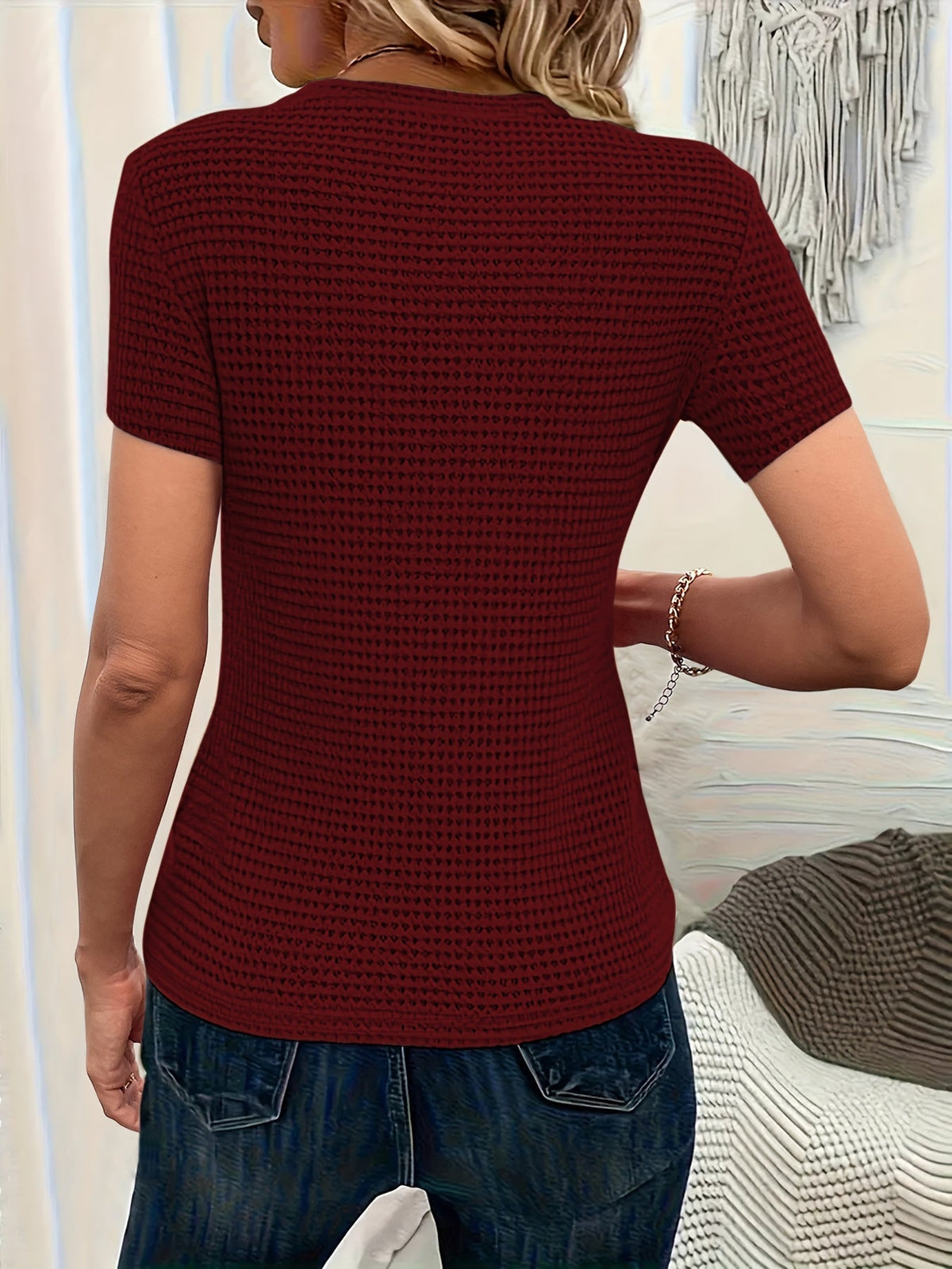 Fitted Waffle Knit T-Shirt with Round Neck
