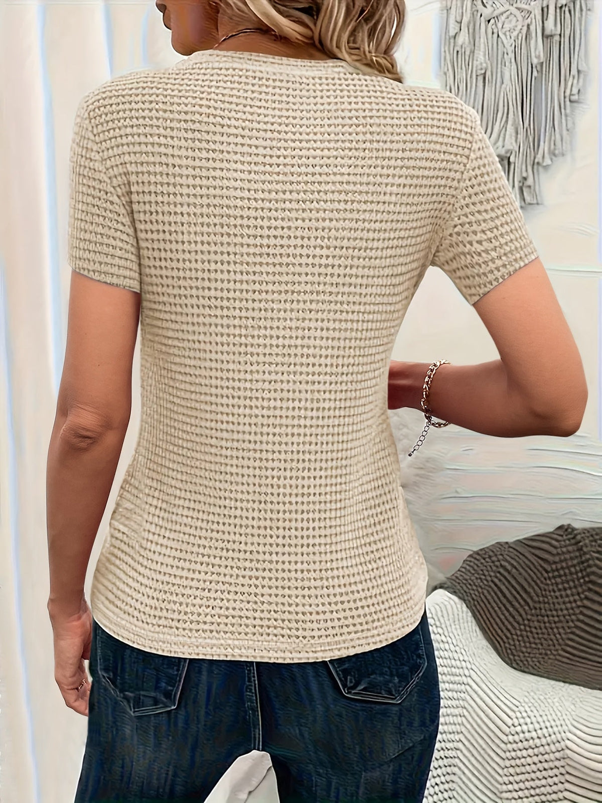 Fitted Waffle Knit T-Shirt with Round Neck