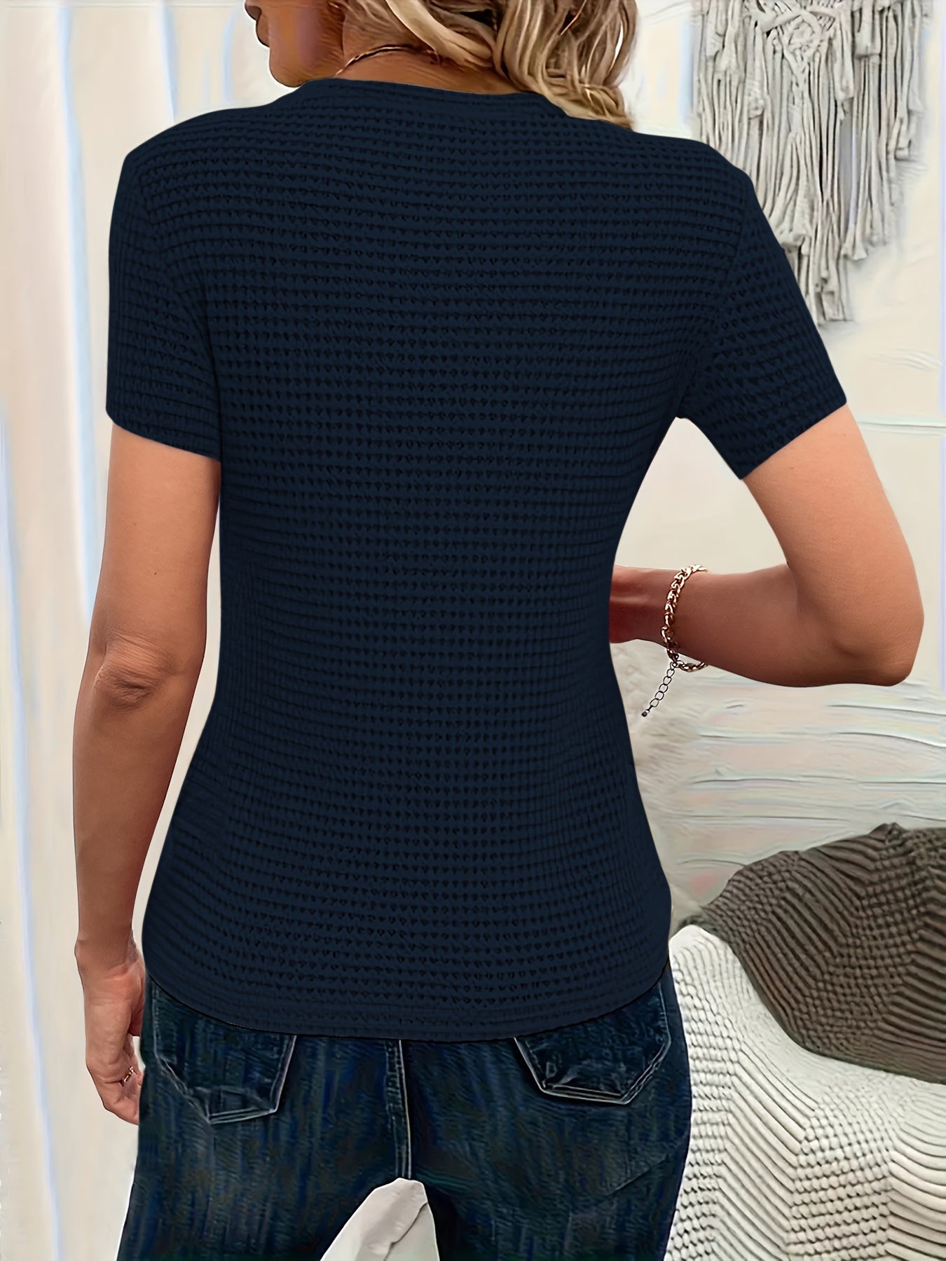 Fitted Waffle Knit T-Shirt with Round Neck