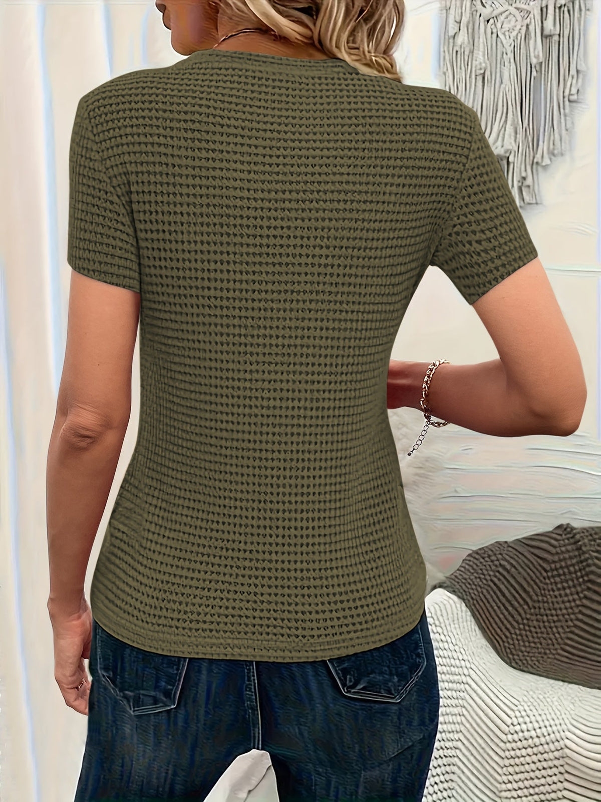 Fitted Waffle Knit T-Shirt with Round Neck