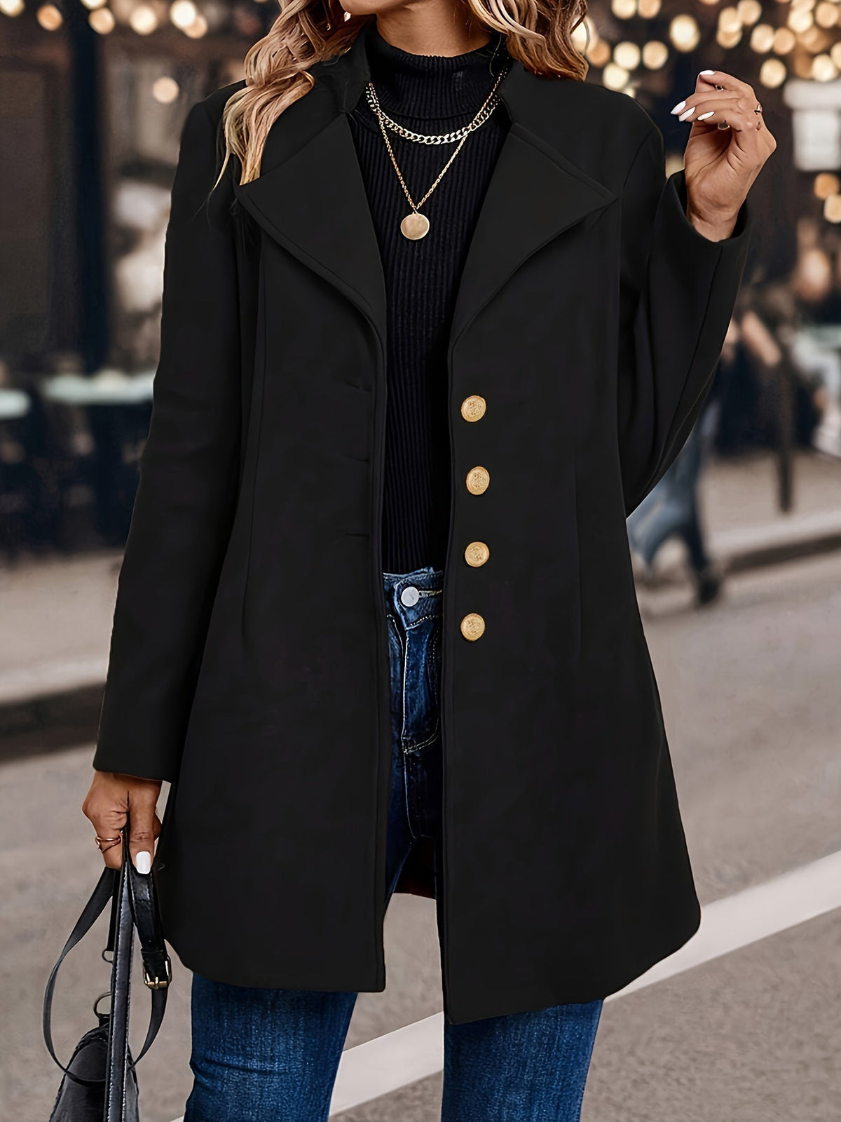 Fitted Wool Coat with Gold Buttons and Wide Collar