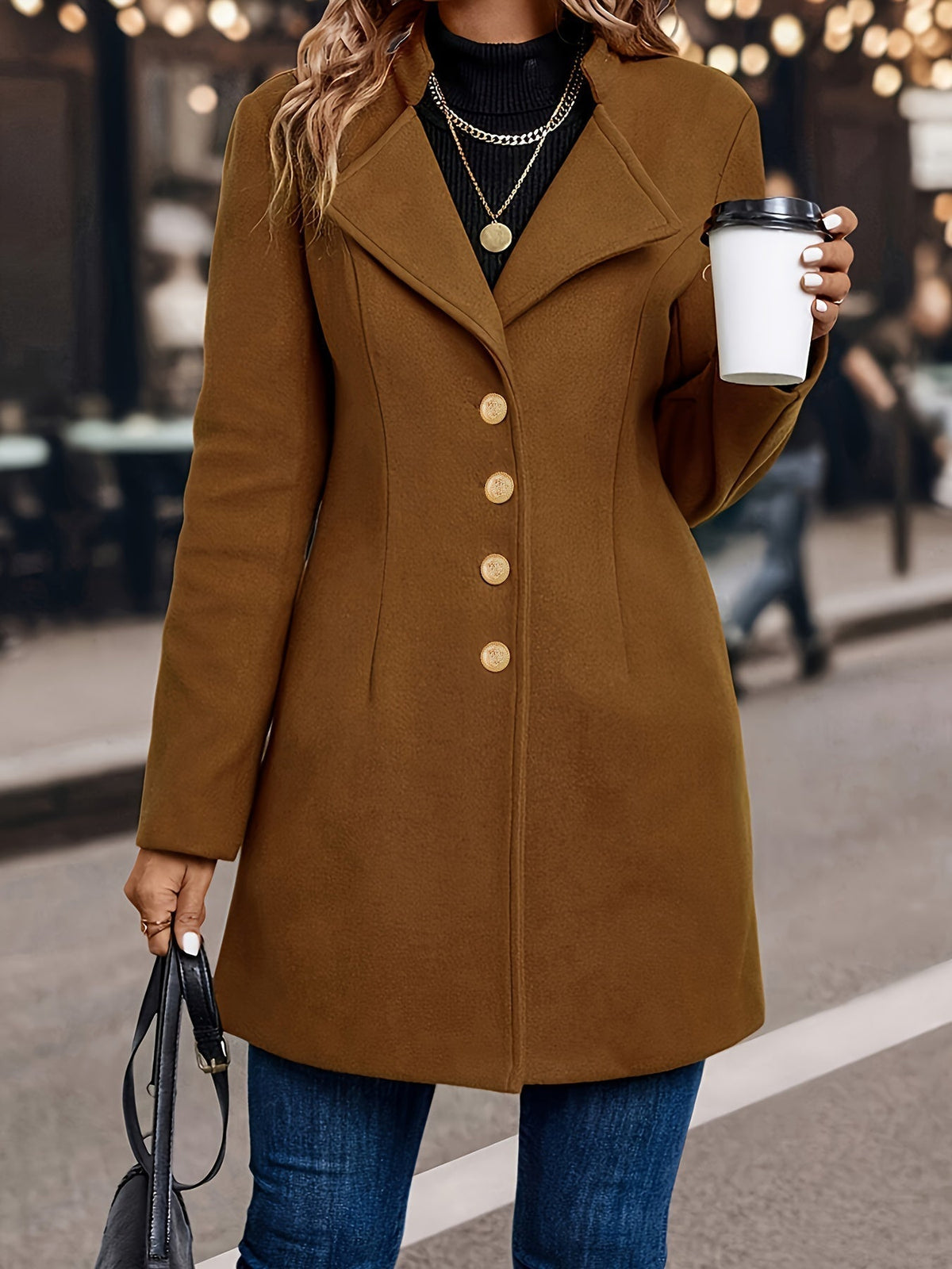 Fitted Wool Coat with Gold Buttons and Wide Lapel