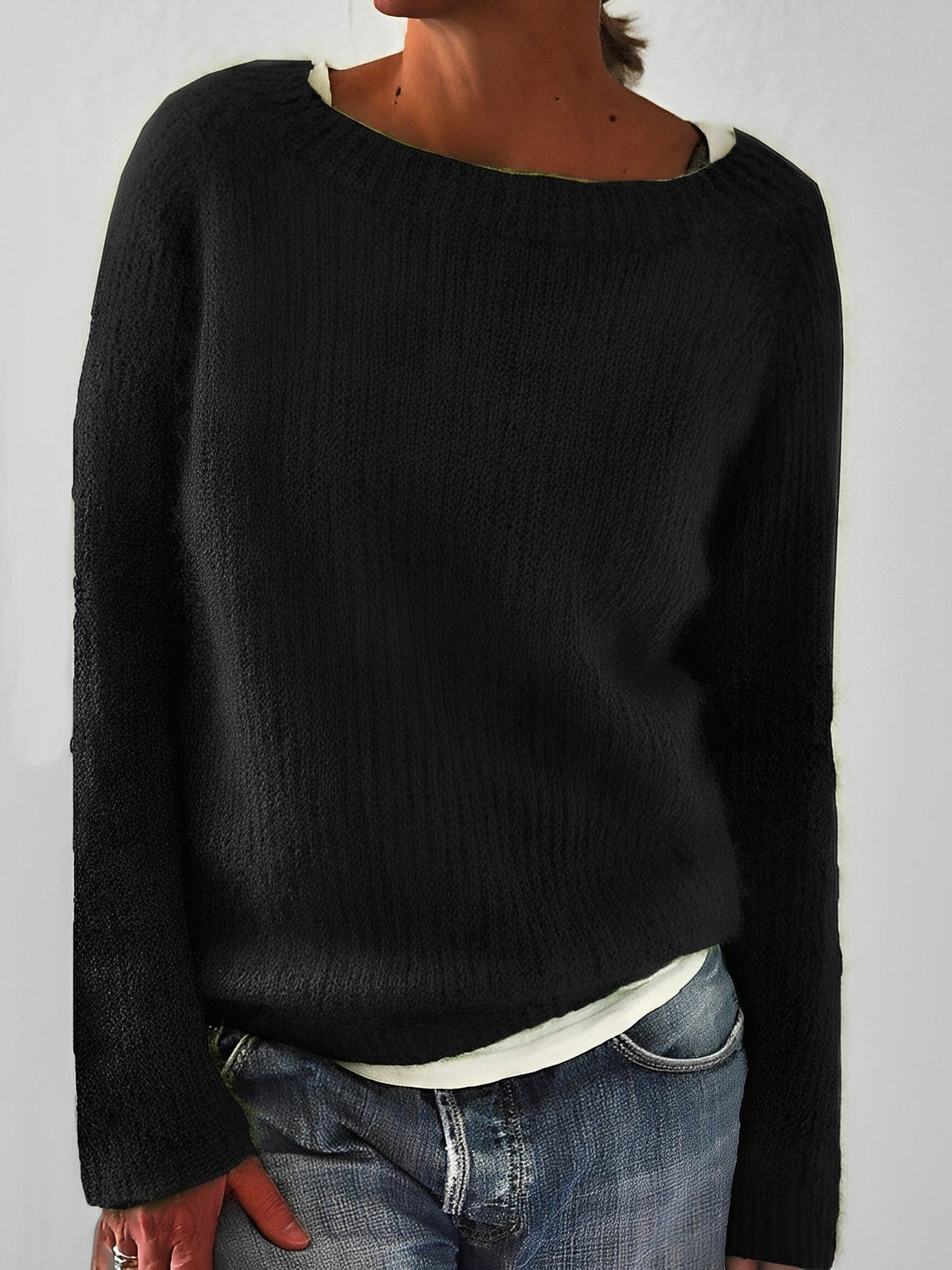 Fluffy Knit Sweater with Wide Round Neckline