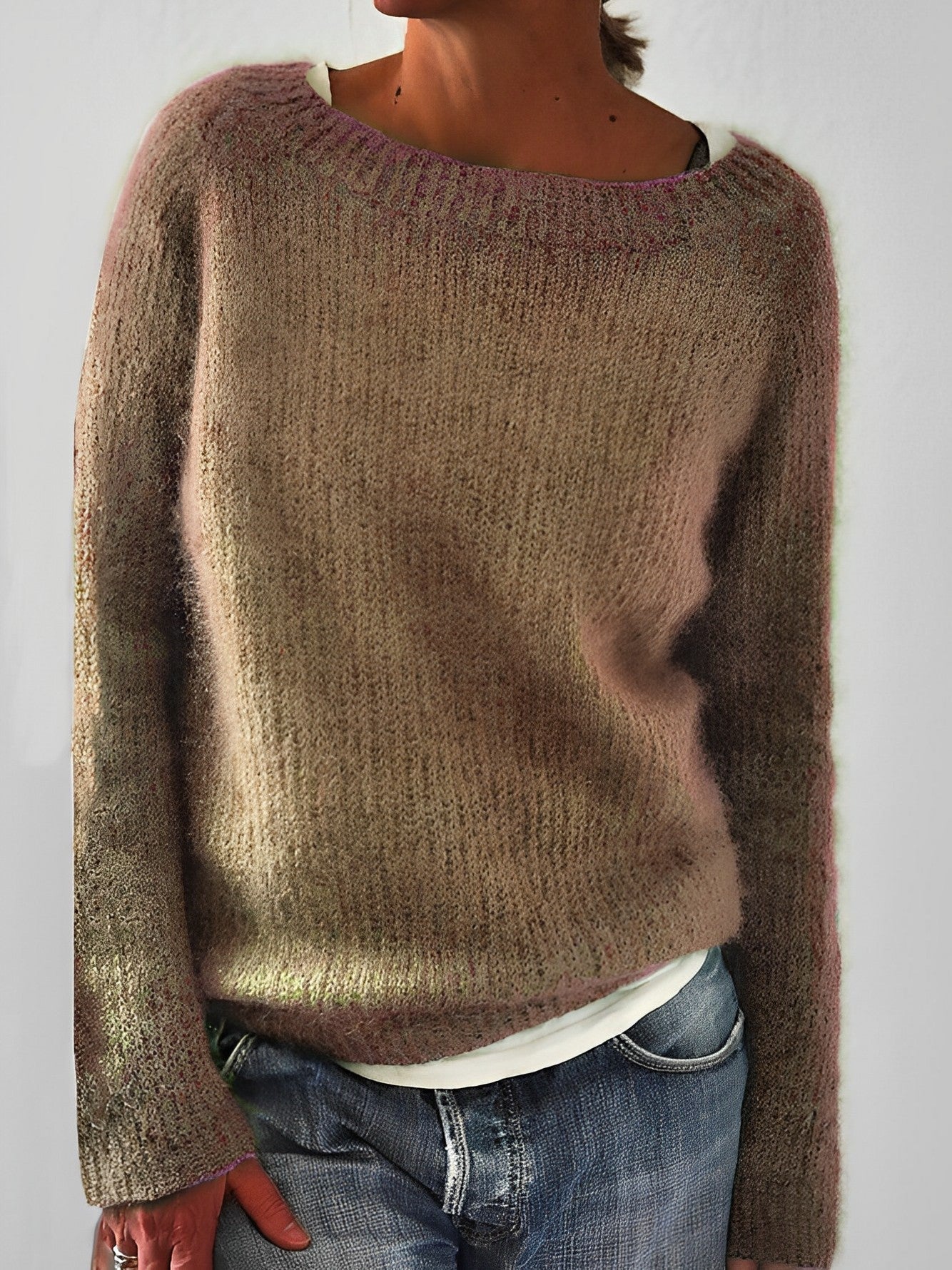 Fluffy Knit Sweater with Wide Round Neckline
