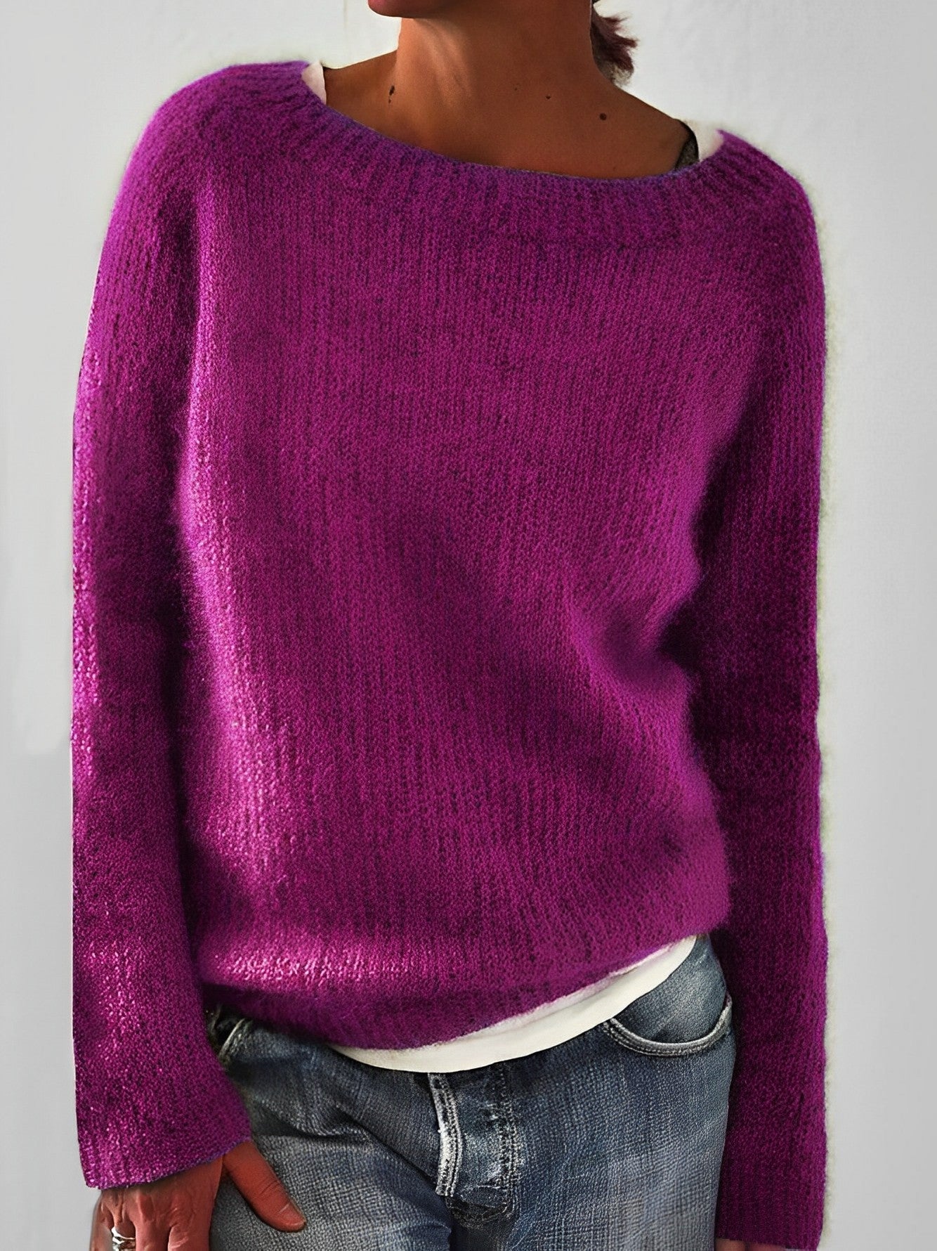 Fluffy Knit Sweater with Wide Round Neckline