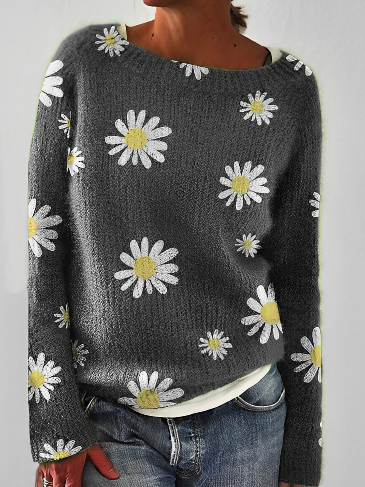 Fluffy Knit Sweater with Wide Round Neckline