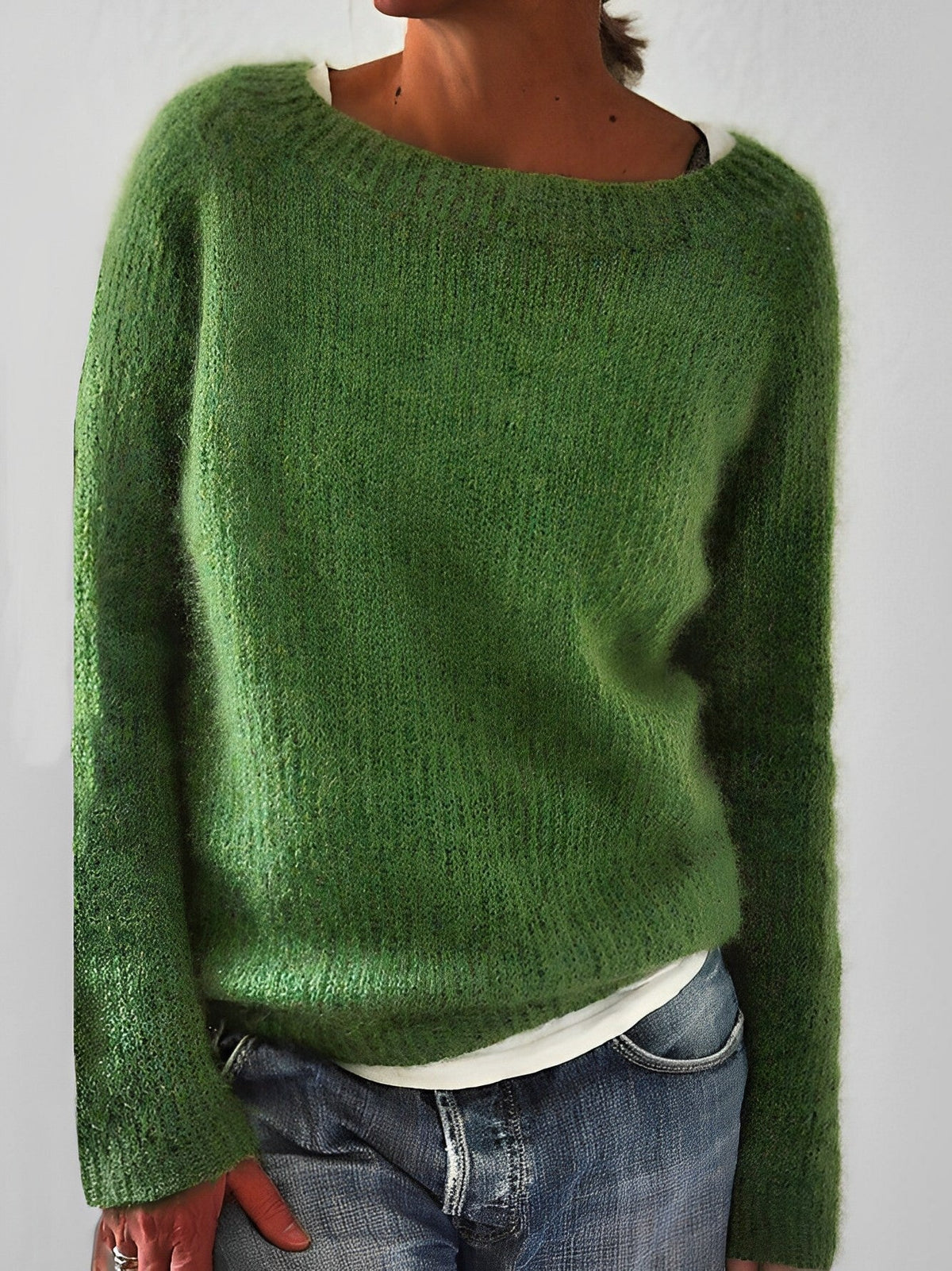 Fluffy Knit Sweater with Wide Round Neckline