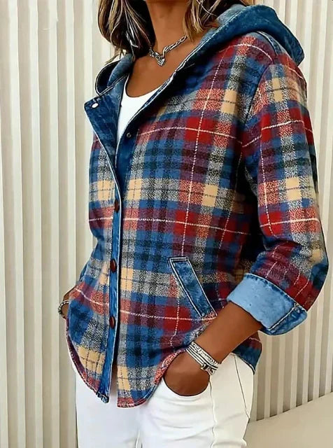Hooded Plaid Shacket with Denim Trim and Front Pockets