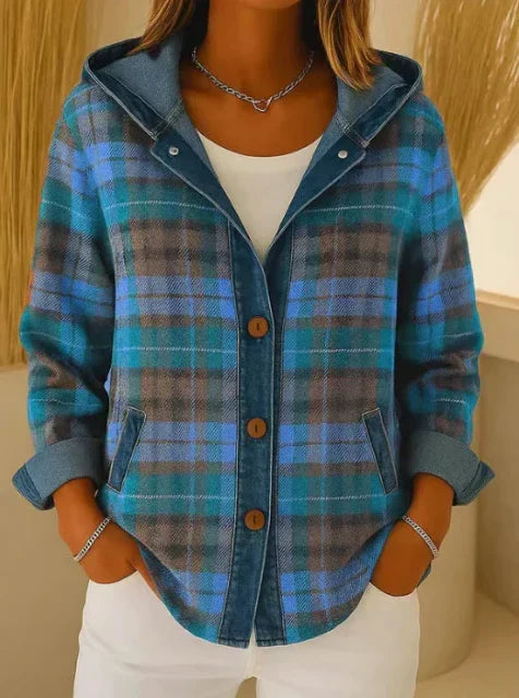 Hooded Plaid Shacket with Denim Trim and Front Pockets