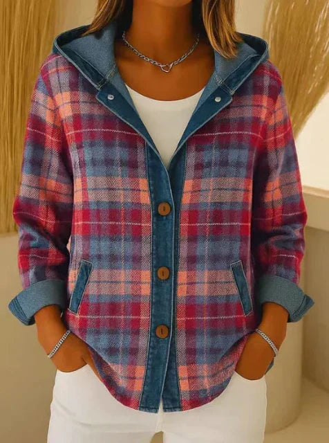 Hooded Plaid Shacket with Denim Trim and Front Pockets