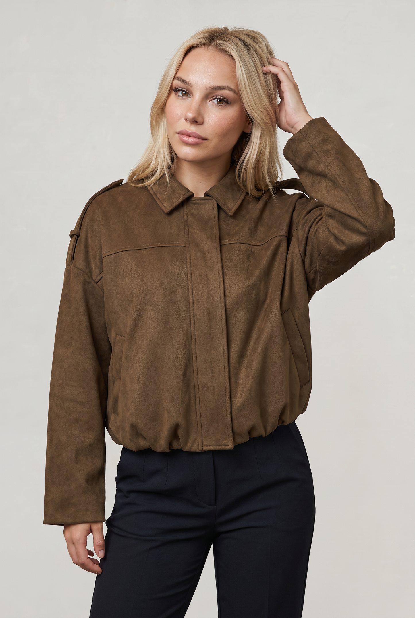 Women's Oversized Collared Suede Look Zip Jacket
