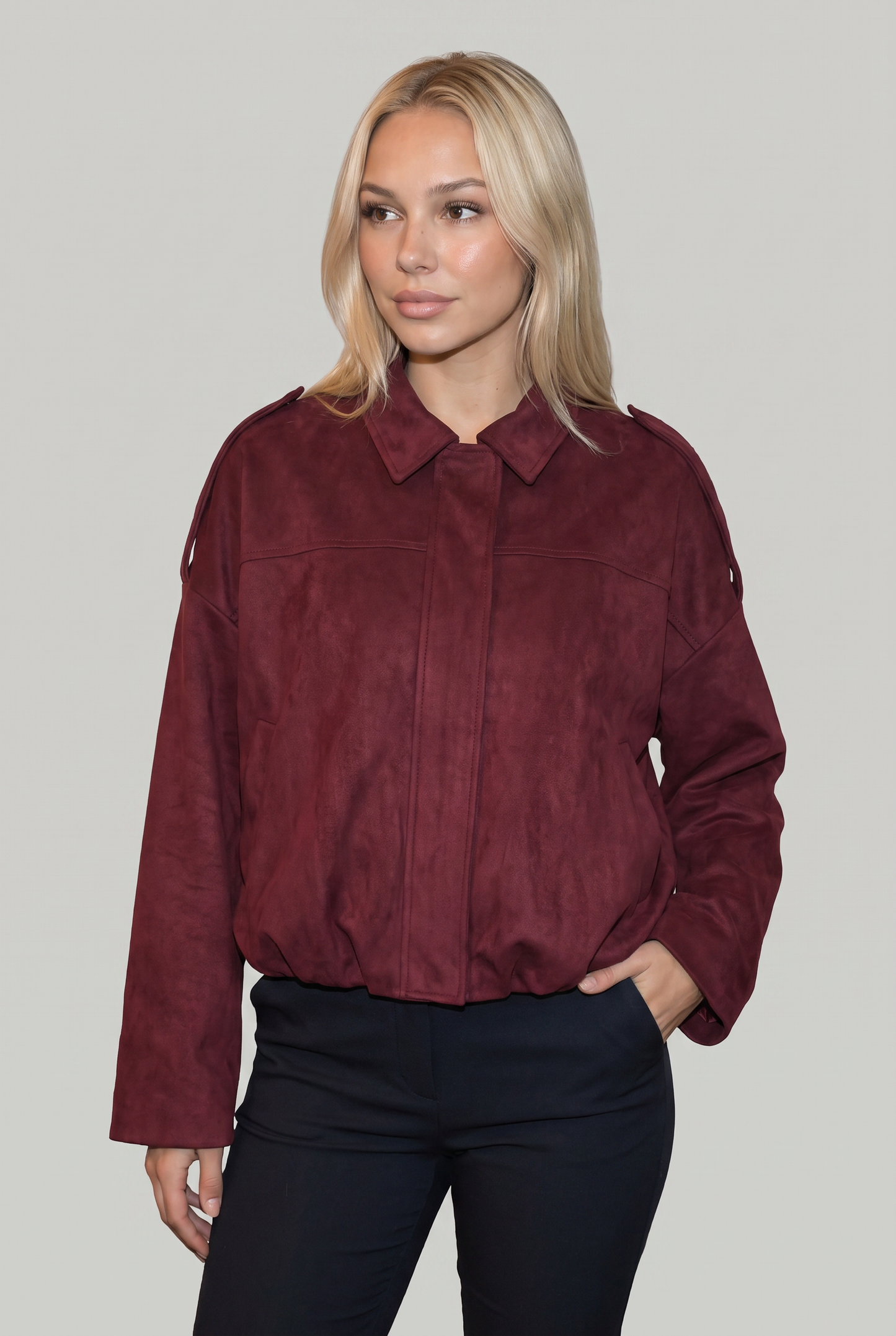 Women's Oversized Collared Suede Look Zip Jacket
