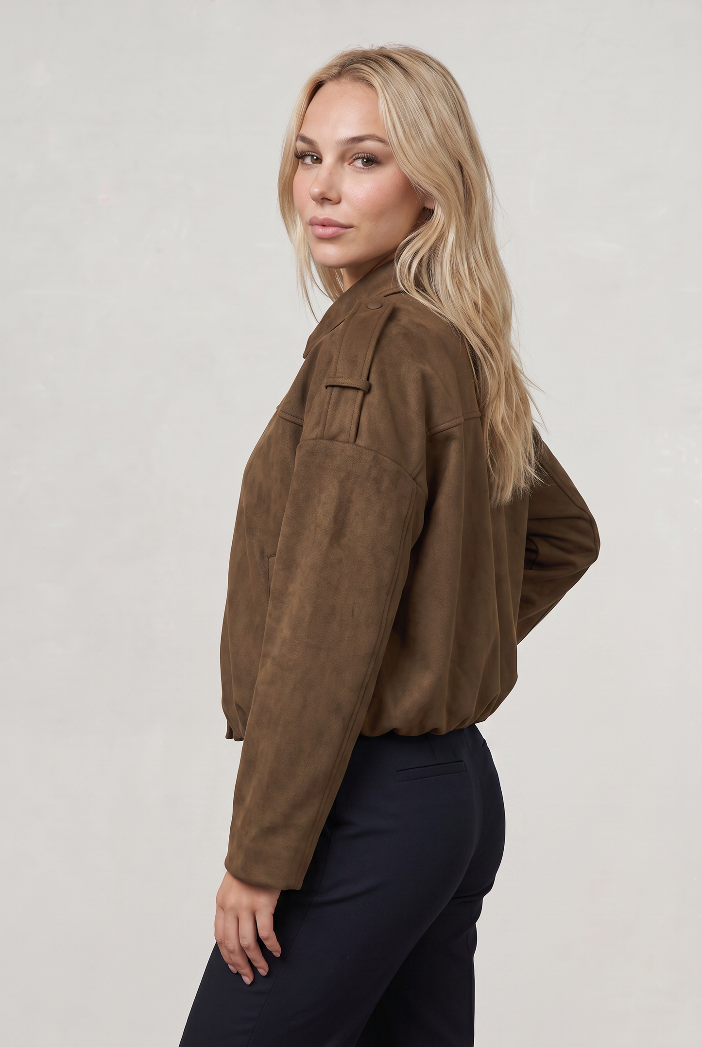 Women's Oversized Collared Suede Look Zip Jacket