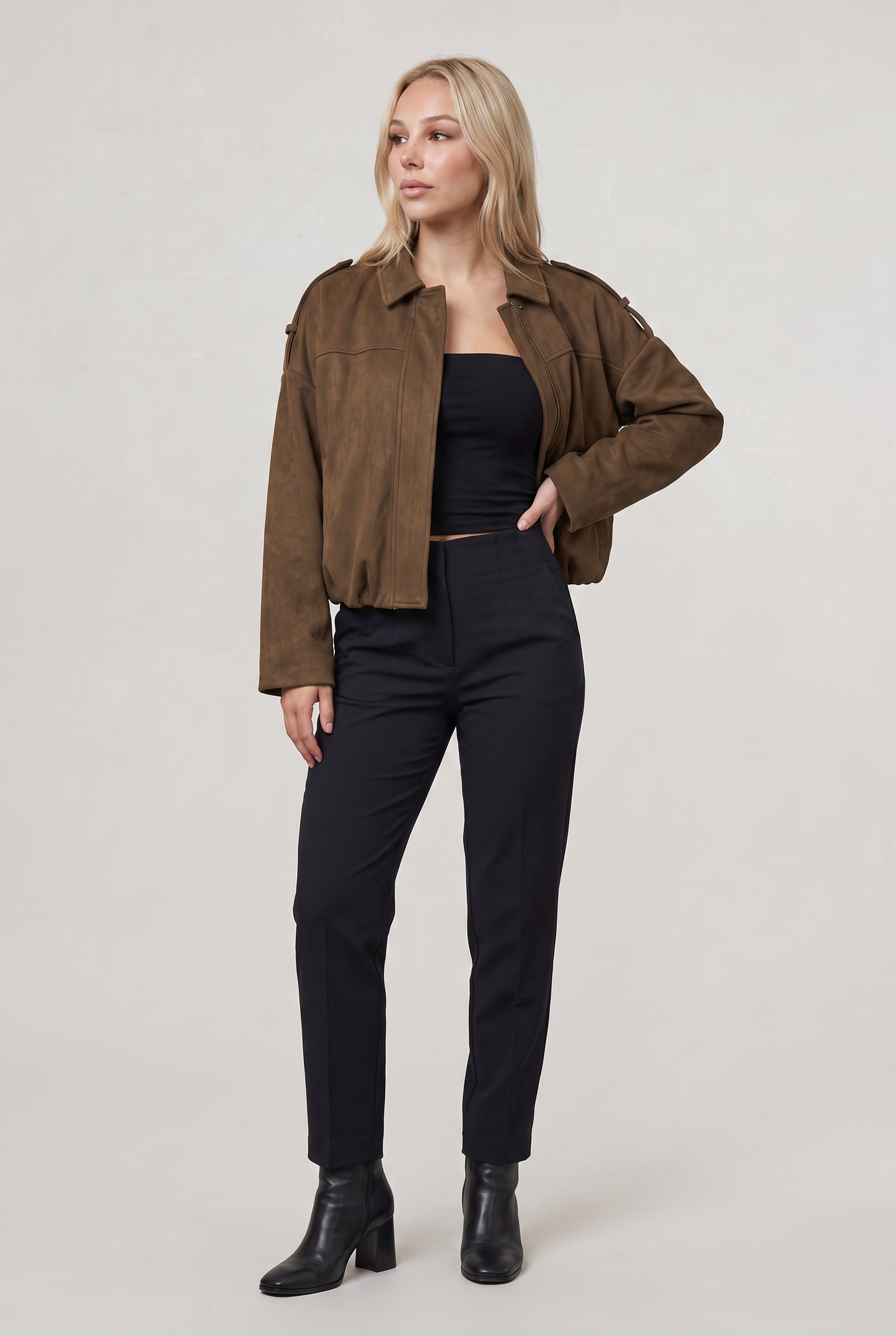 Women's Oversized Collared Suede Look Zip Jacket