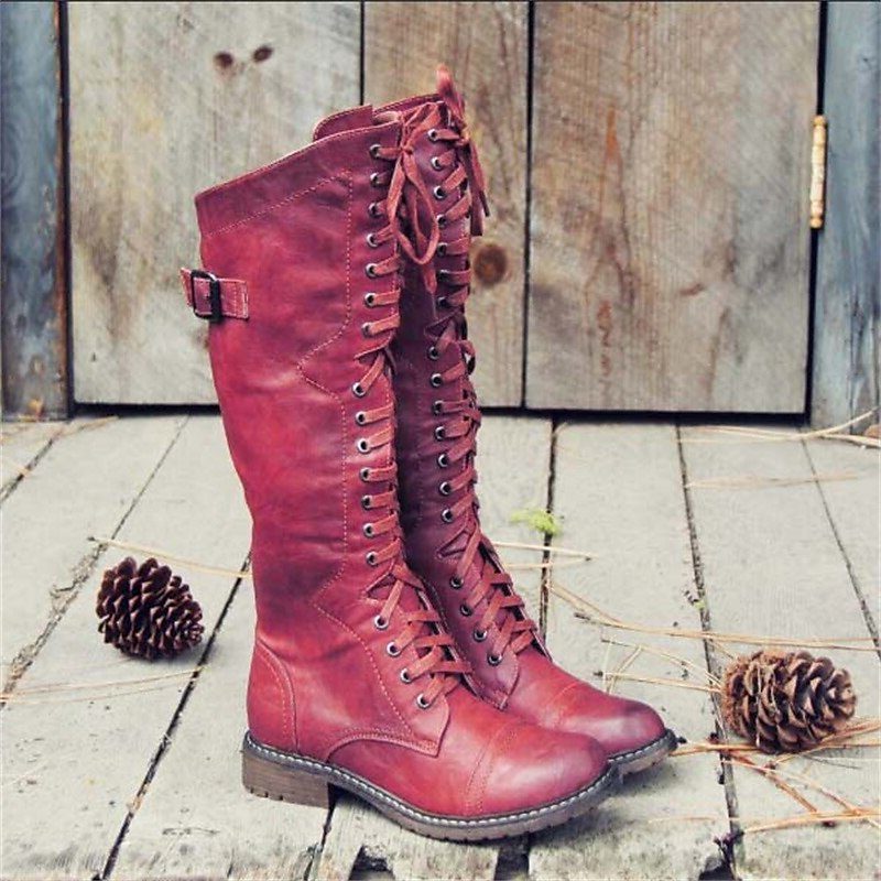 Knee High Lace-Up Leather Boots with Side Buckle