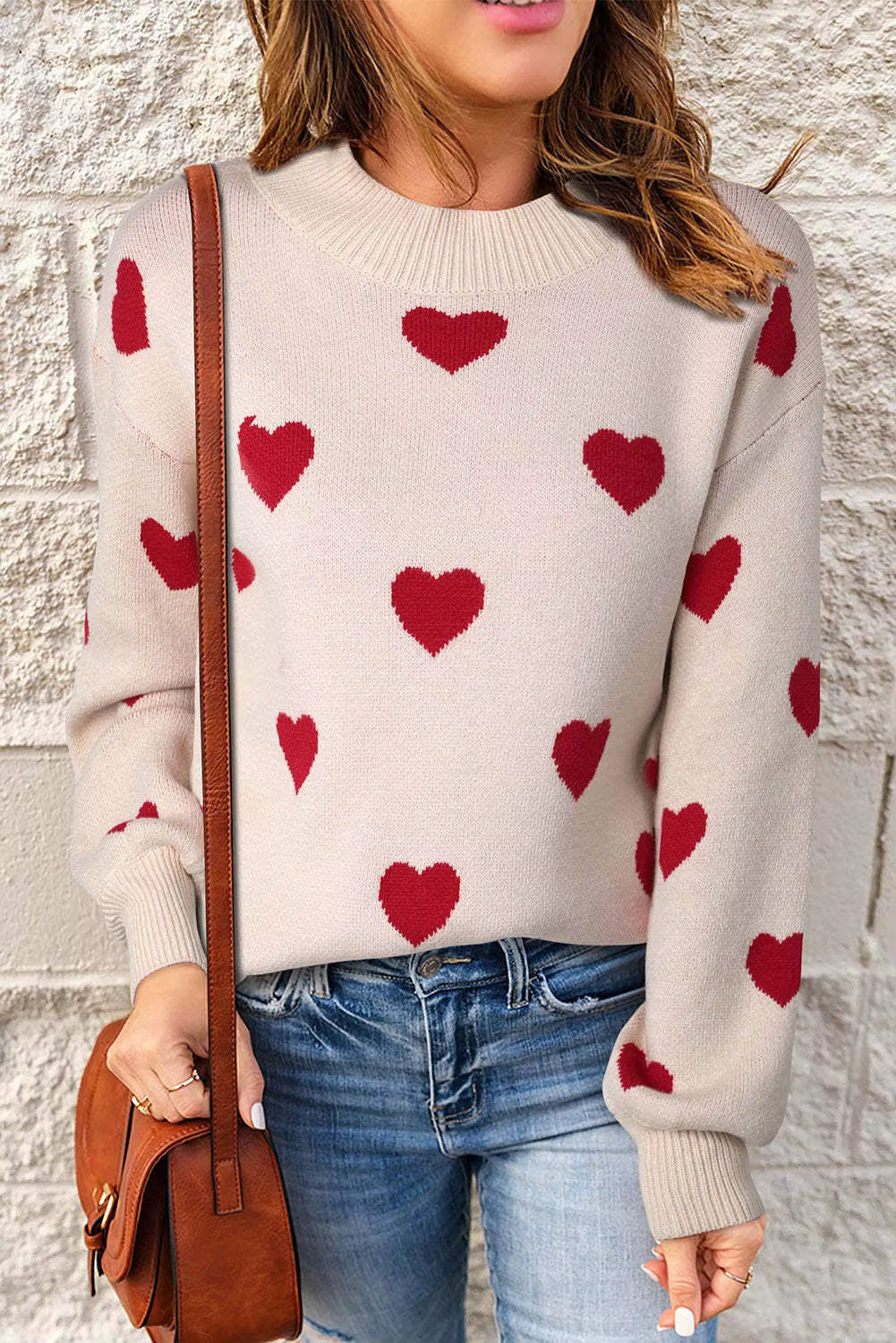 Knit Sweater with All-Over Heart Print and Crew Neck