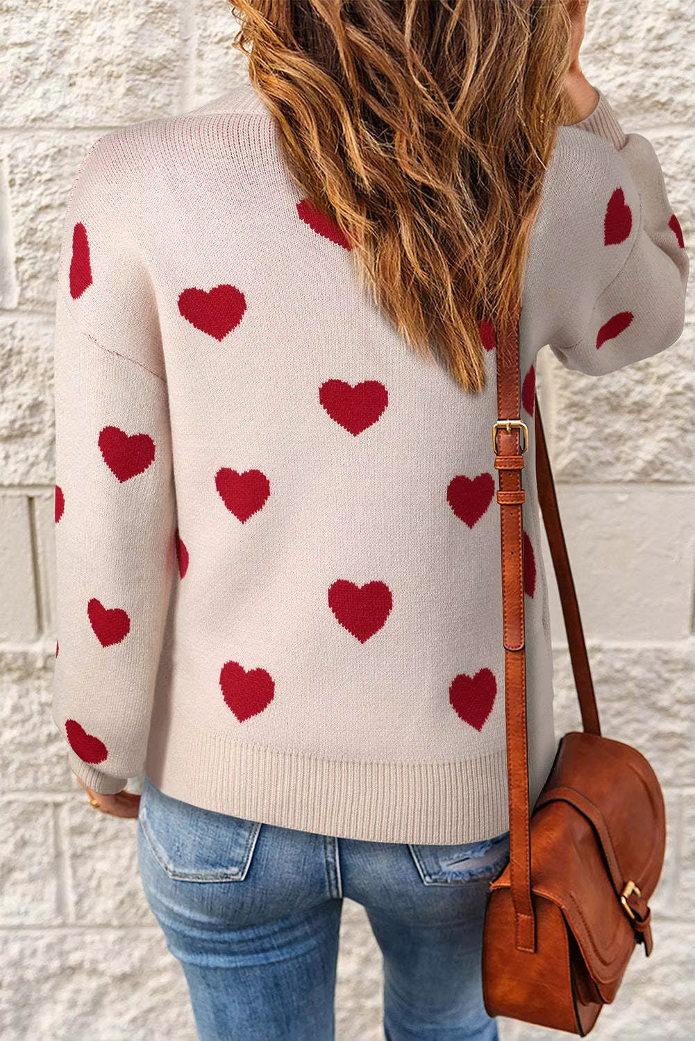 Knit Sweater with All-Over Heart Print and Crew Neck