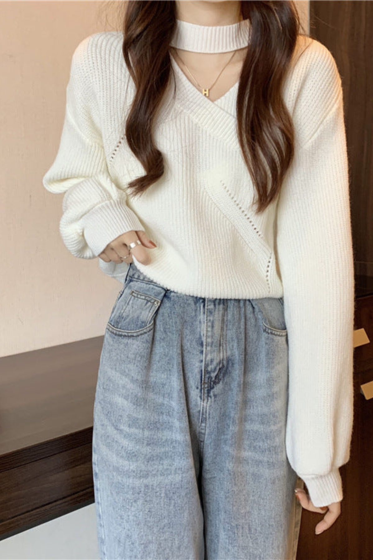 Knit Sweater with Choker Neck and Wrap V-Neckline