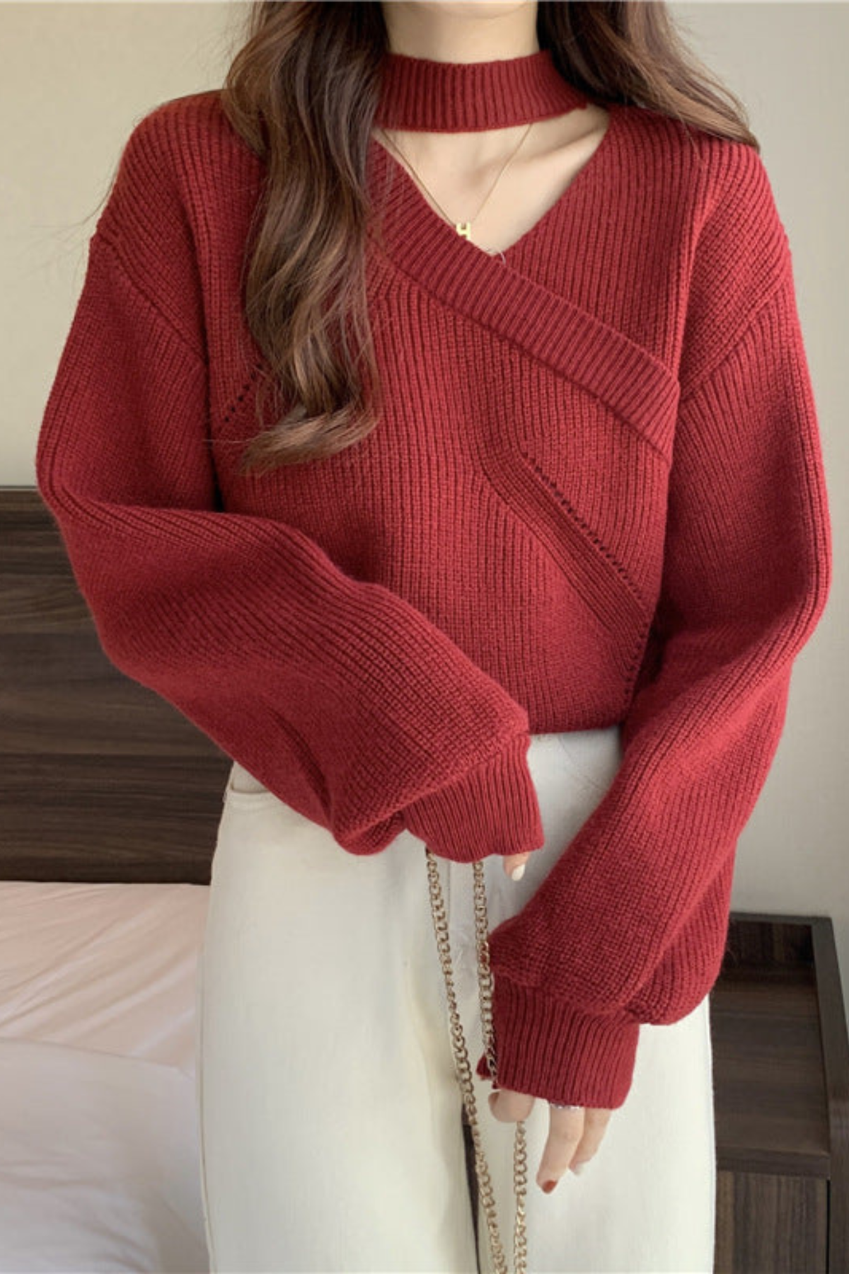 Knit Sweater with Choker Neck and Wrap V-Neckline