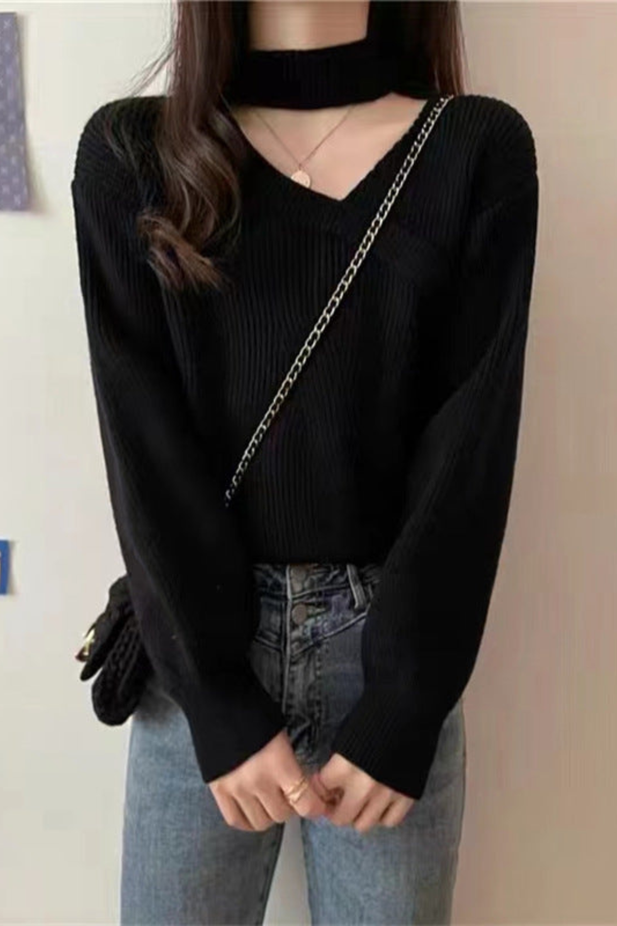Knit Sweater with Choker Neck and Wrap V-Neckline