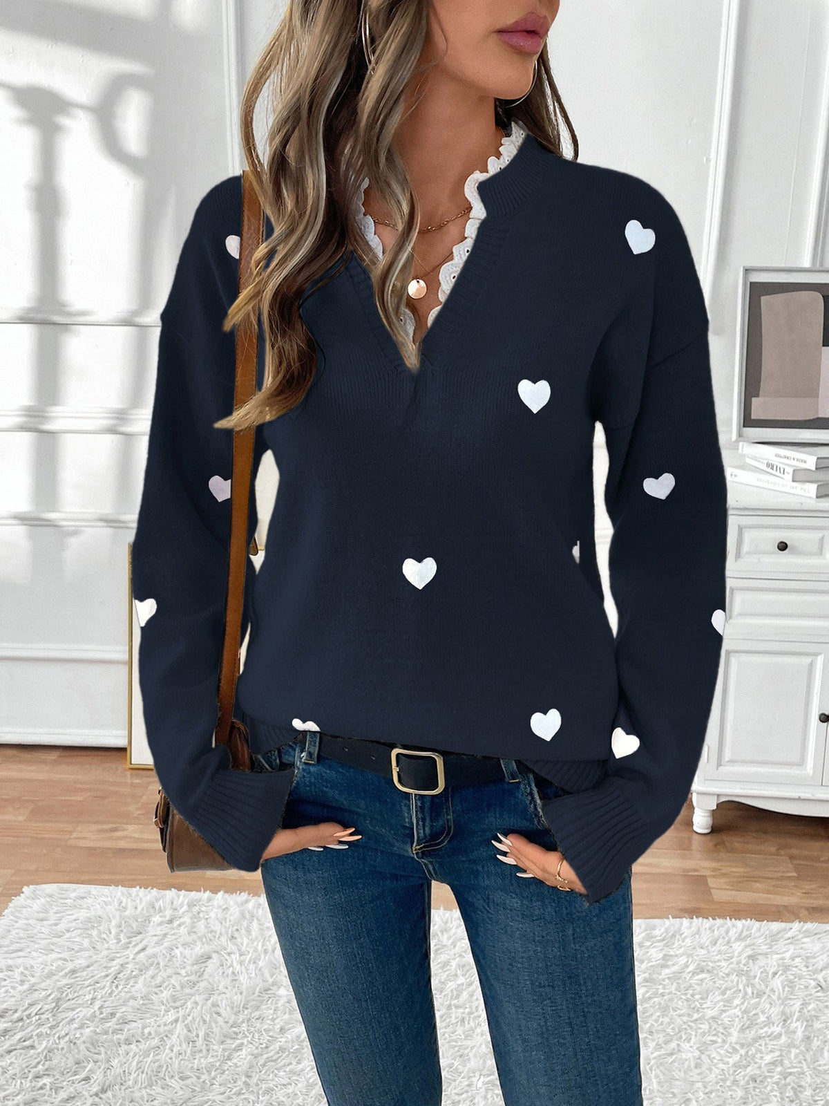 Knit Sweater with Heart Print and Lace Trim V-Neckline