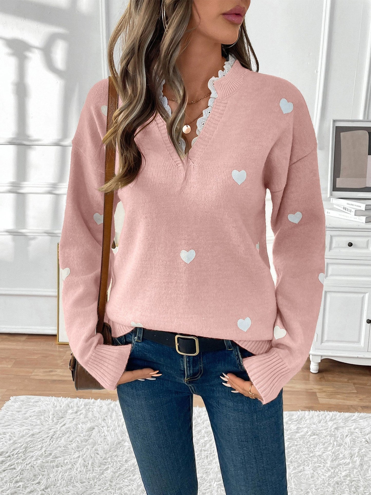 Knit Sweater with Heart Print and Lace Trim V-Neckline