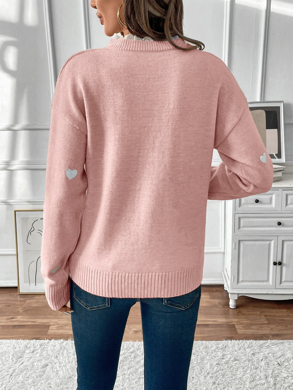Knit Sweater with Heart Print and Lace Trim V-Neckline