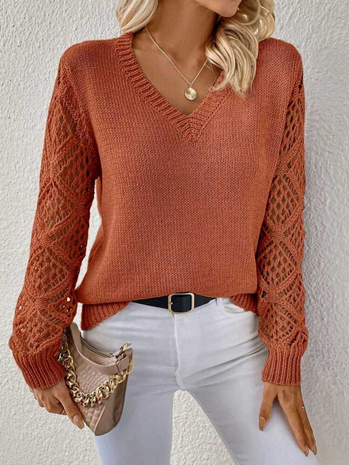 Knit Sweater with Open Crochet Sleeves and V-Neckline