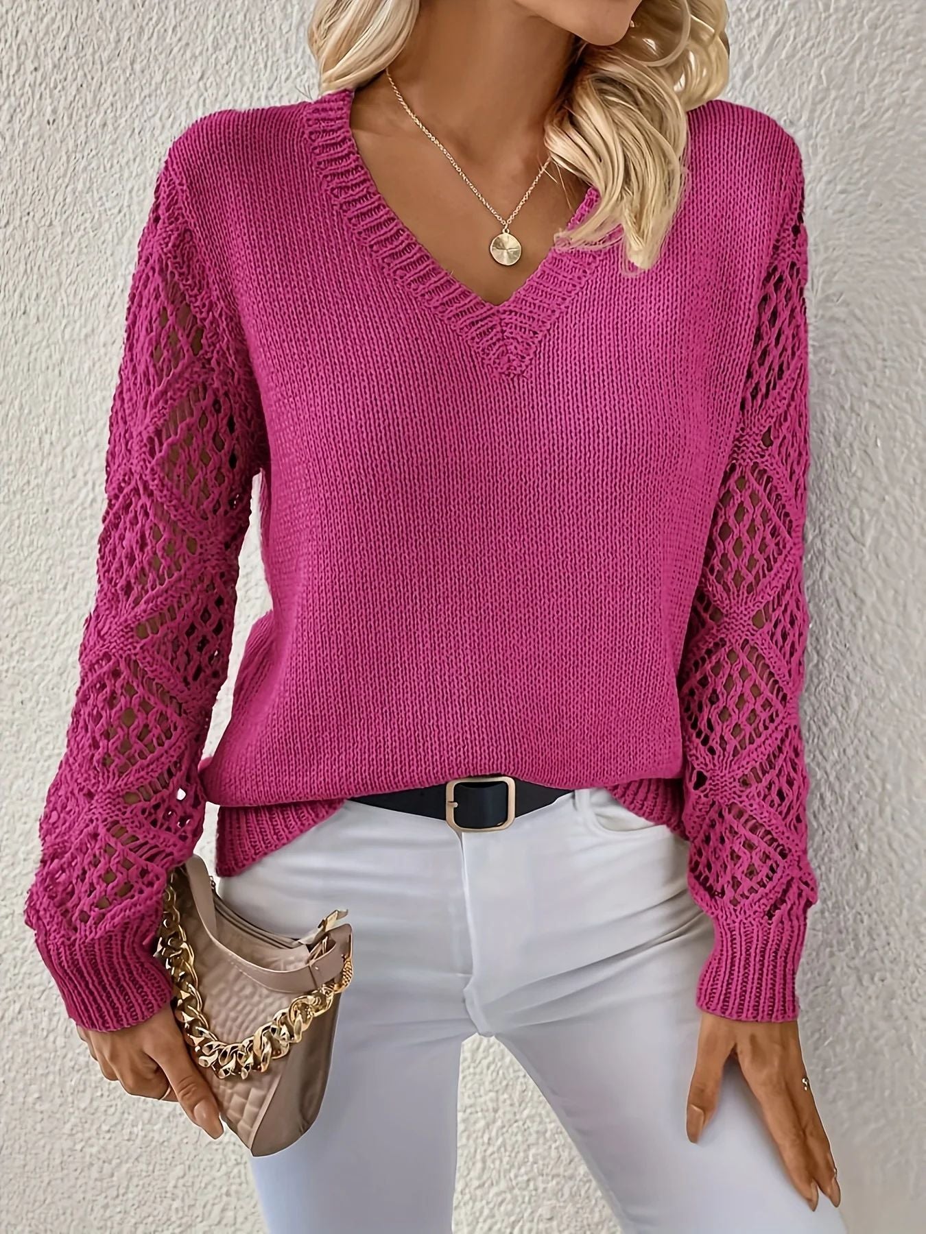 Knit Sweater with Open Crochet Sleeves and V-Neckline