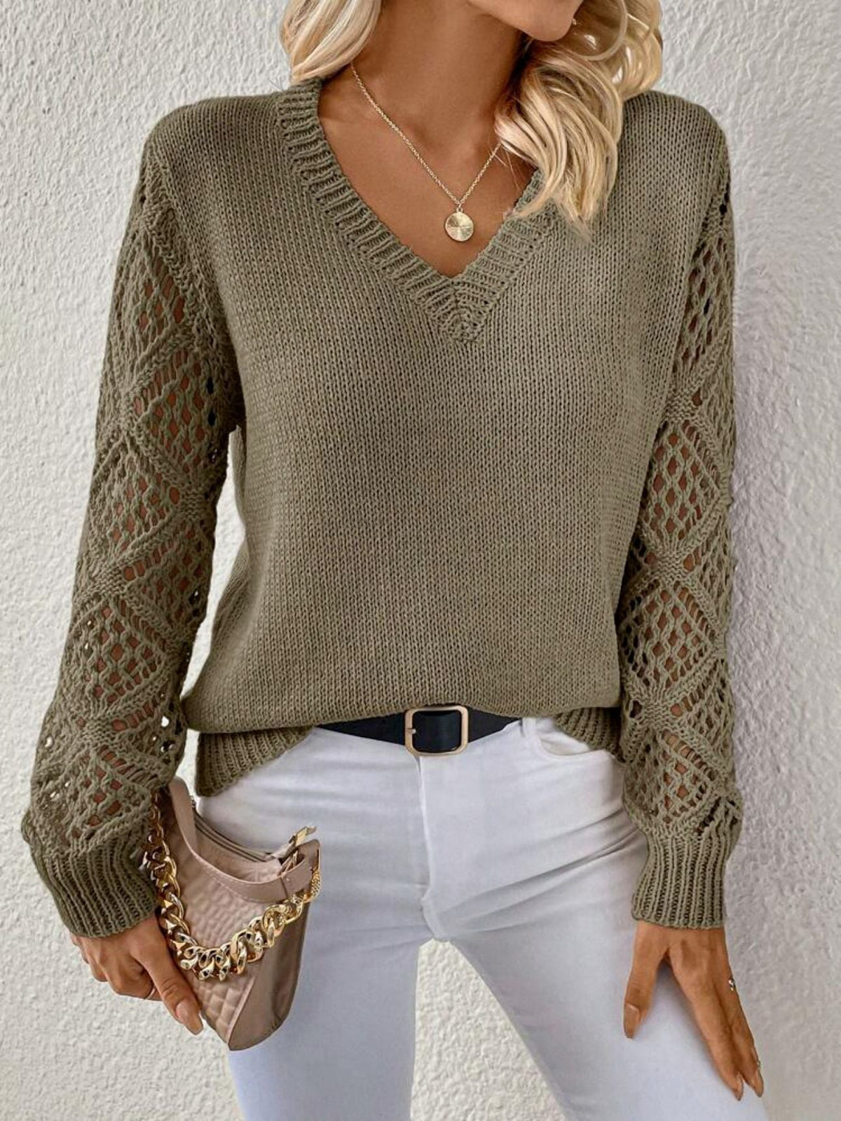 Knit Sweater with Open Crochet Sleeves and V-Neckline