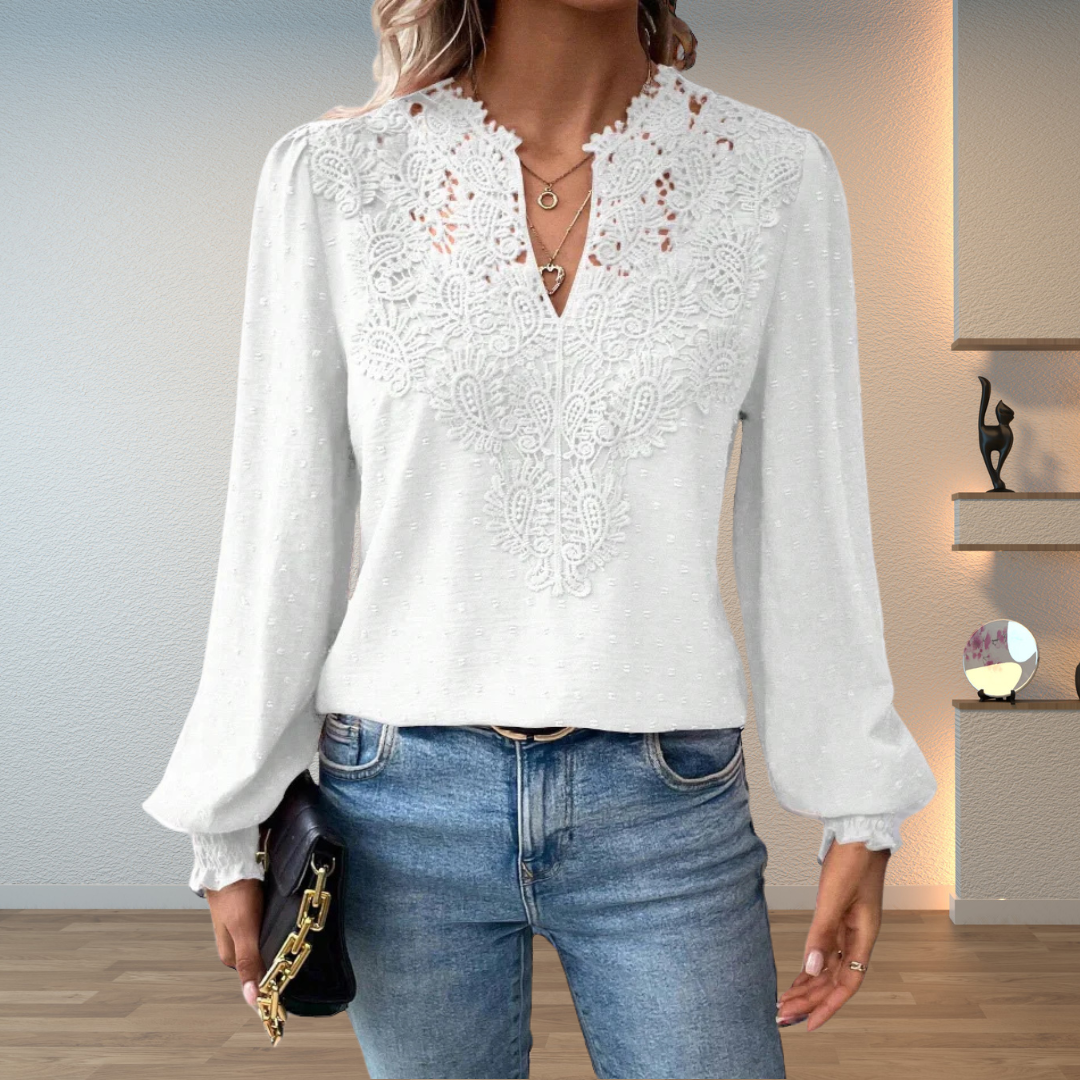 Lace Blouse with V-Neckline and Puff Sleeves